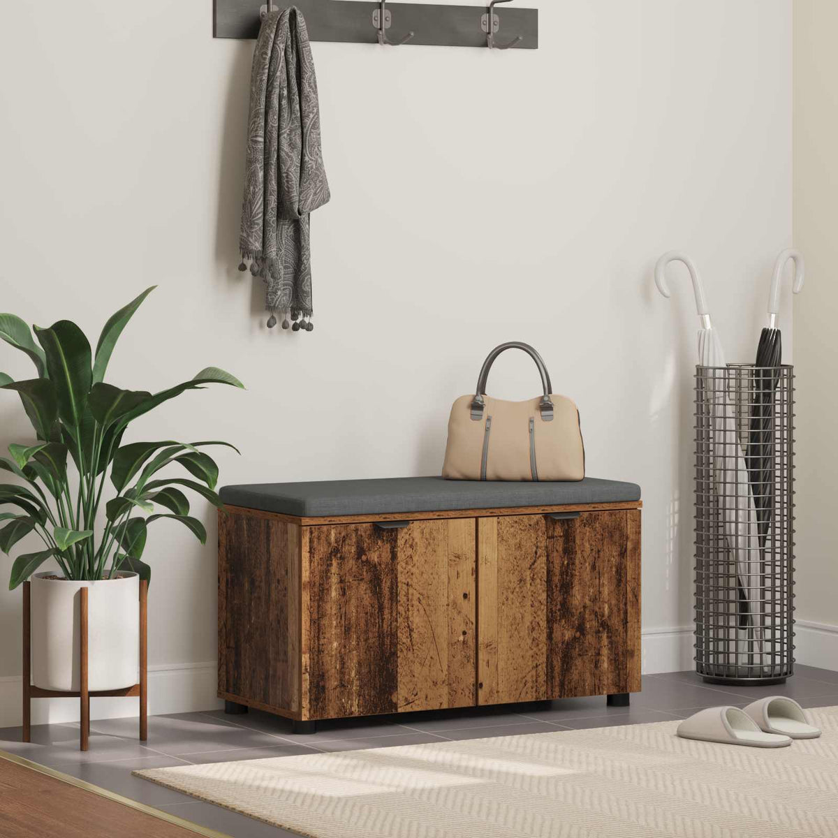 Flurbank mit Kissen mit Regal mit Tür Altholz 80 x 38 x 46 cm