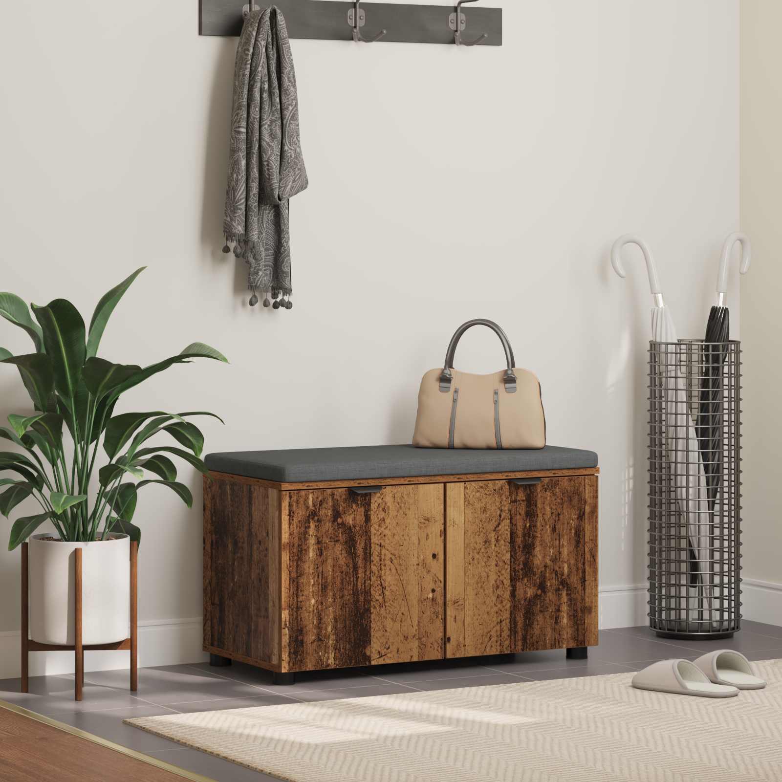 Flurbank mit Kissen mit Regal mit Tür Altholz 80 x 38 x 46 cm