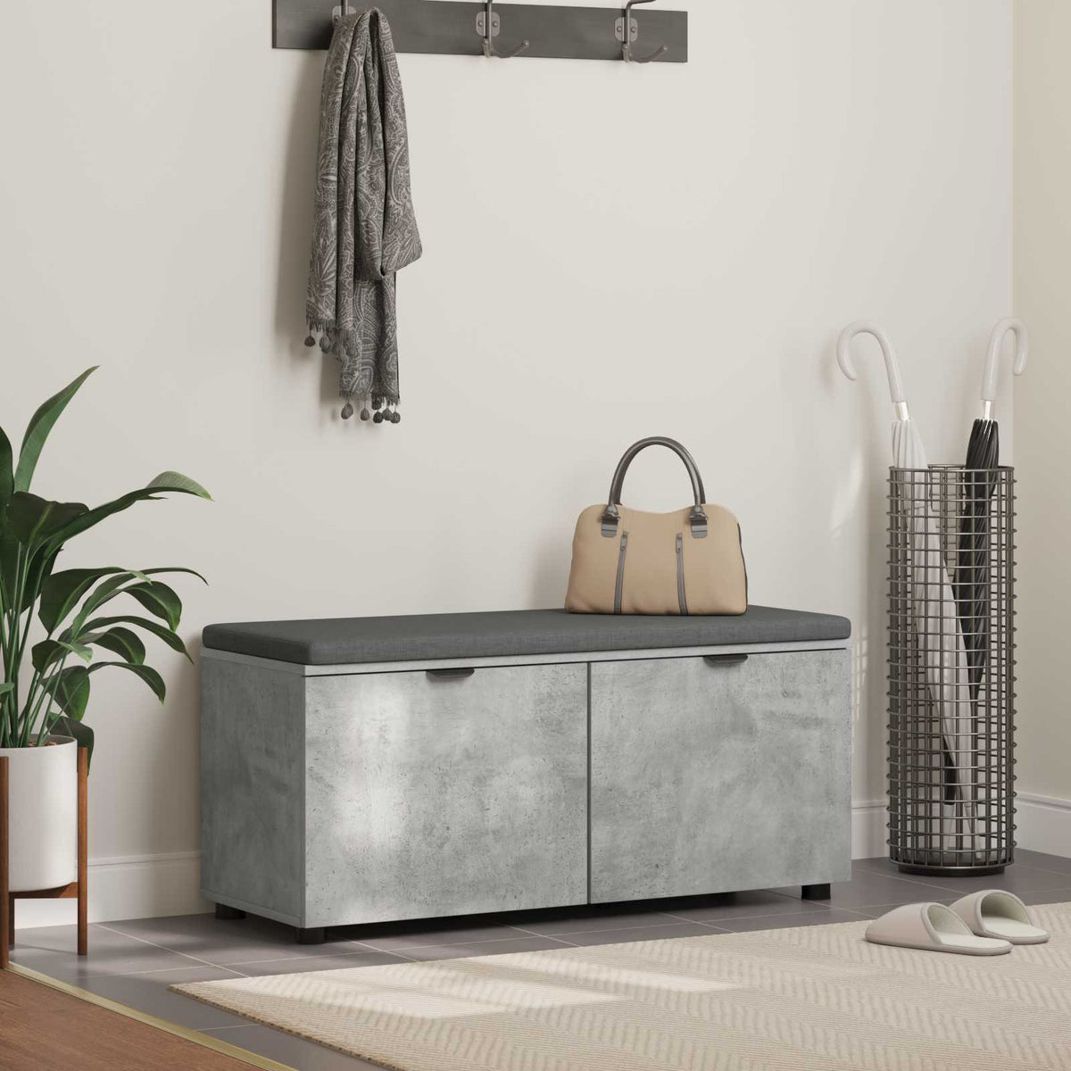Flurbank mit Kissen mit Regal Betongrau 100 x 38 x 46 cm