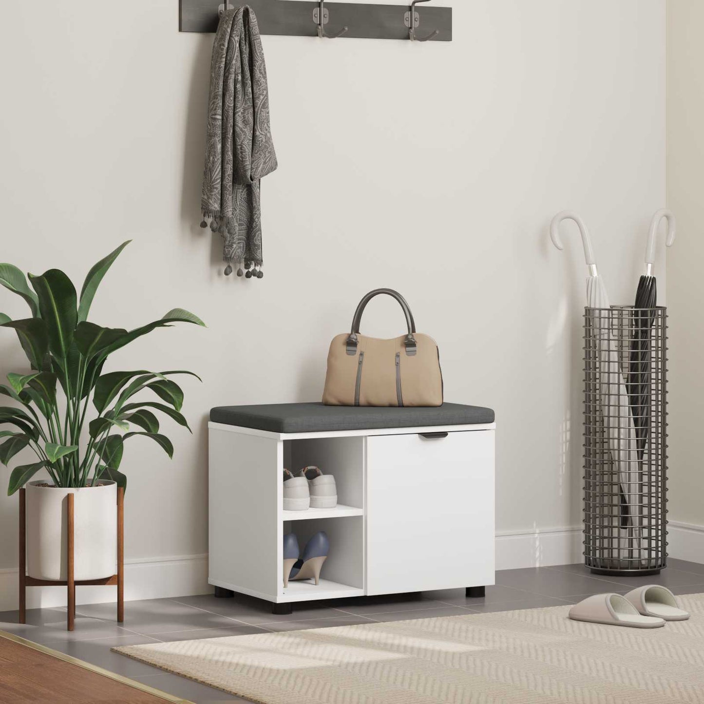 Flurbank mit Kissen mit Regal mit Speicher Weiß 60 x 38 x 46 cm
