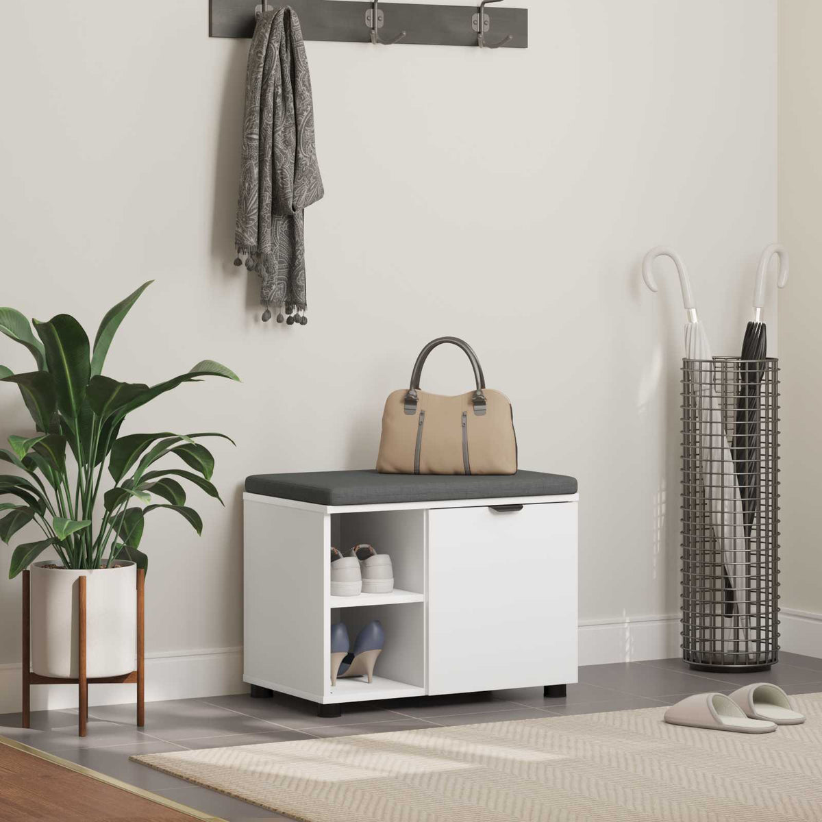 Flurbank mit Kissen mit Regal mit Speicher Weiß 60 x 38 x 46 cm