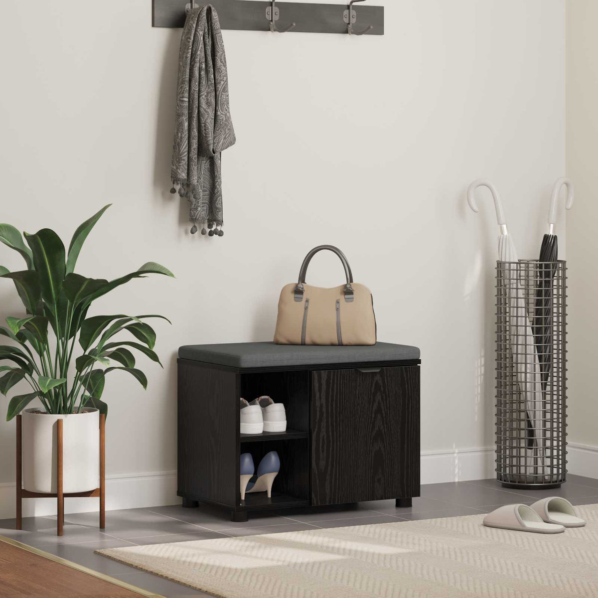 Flurbank mit Kissen mit Regal Schwarze Eiche 60 x 38 x 46 cm