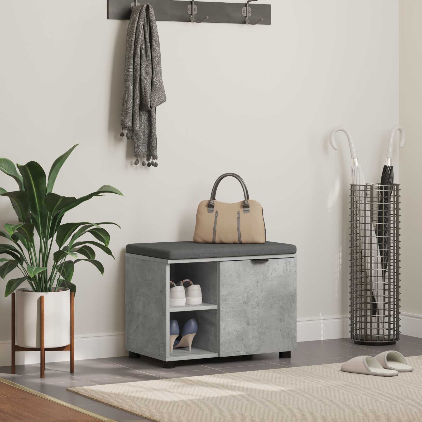 Flurbank mit Kissen mit Regal mit Tür Betongrau 60 x 38 x 46 cm