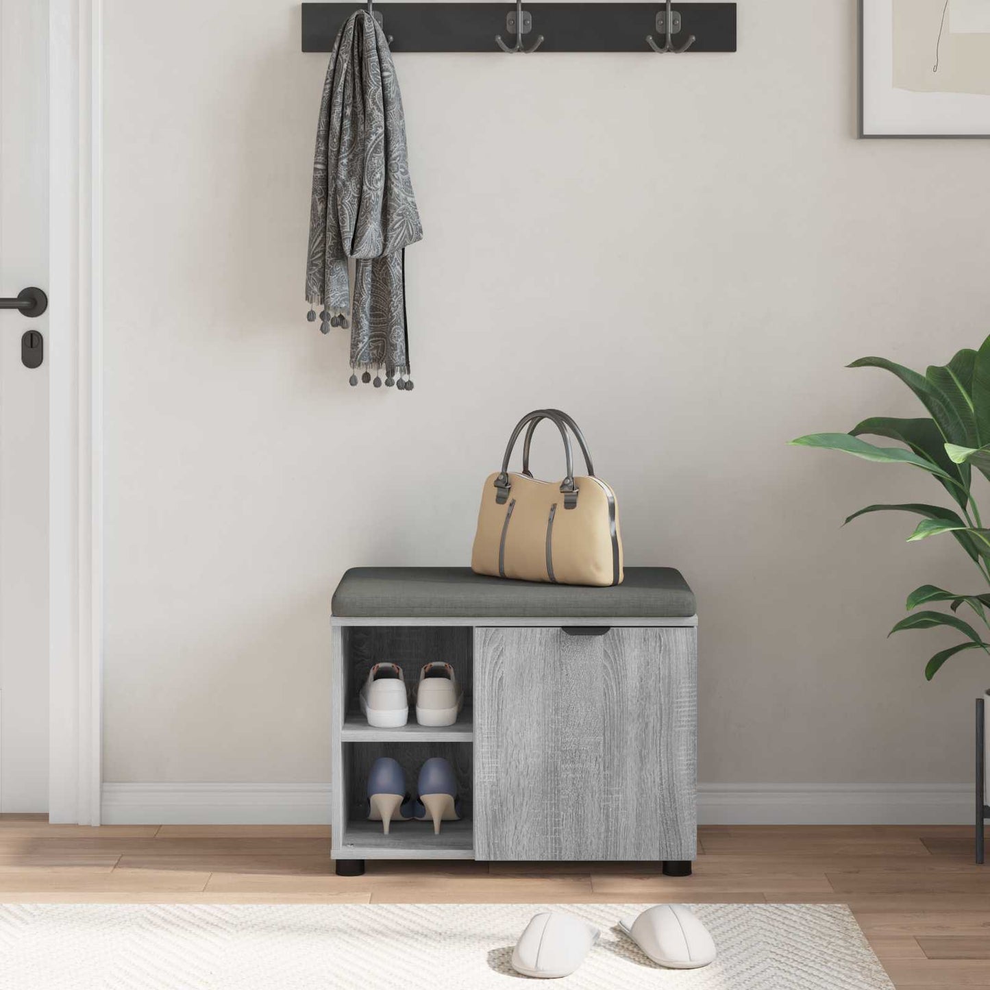 Flurbank mit Kissen mit Regal Graues Sonoma 60 x 38 x 46 cm