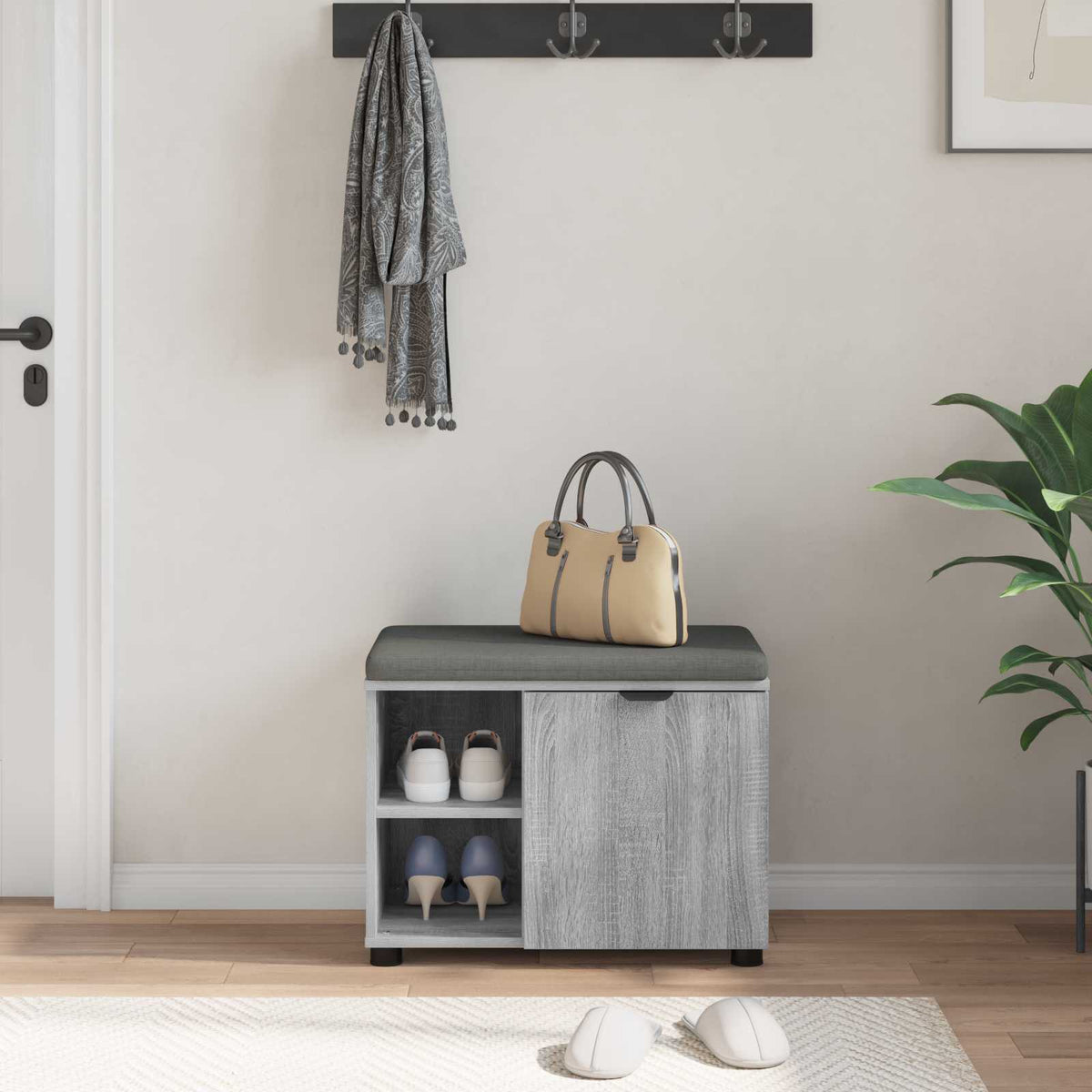 Flurbank mit Kissen mit Regal Graues Sonoma 60 x 38 x 46 cm
