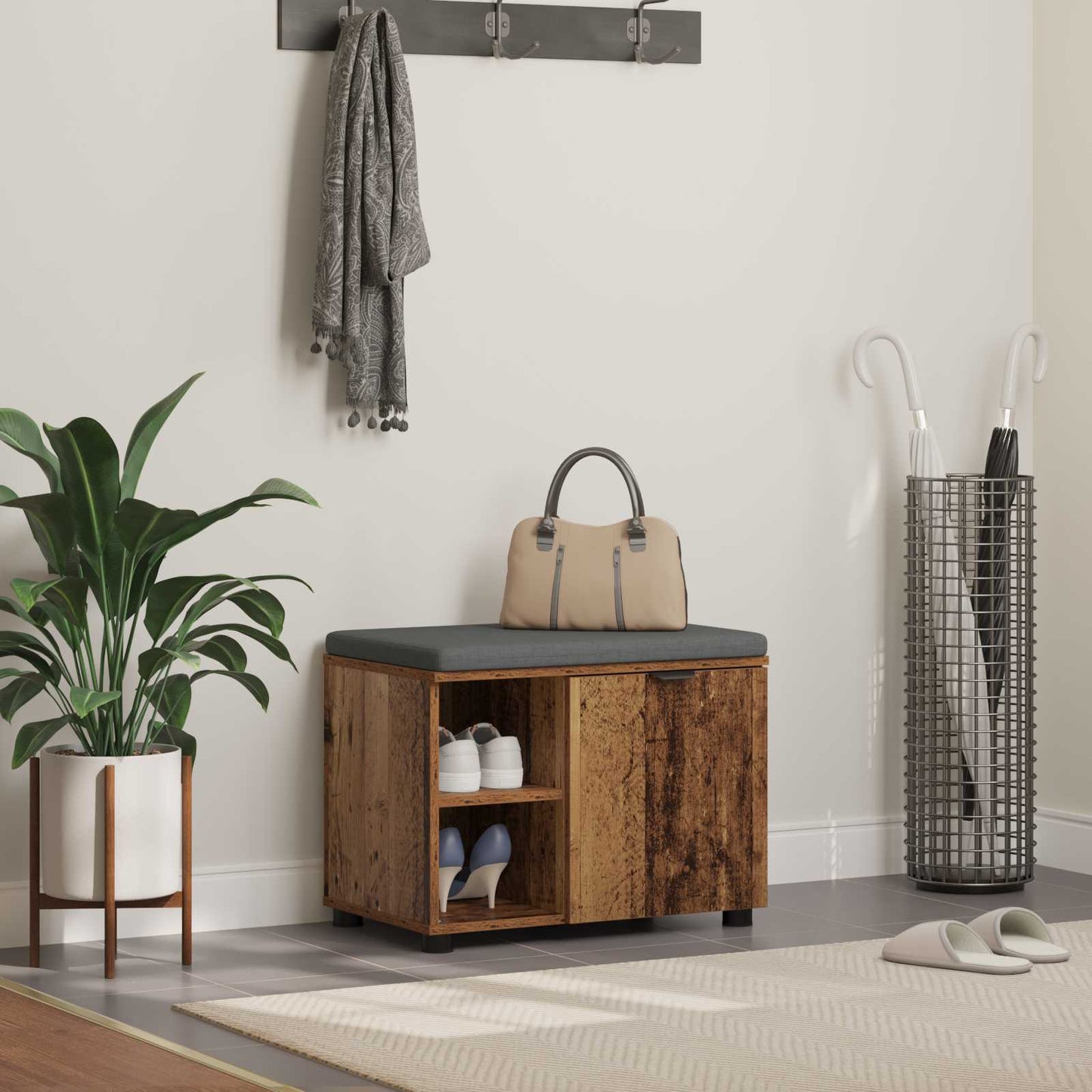 Flurbank mit Kissen mit Regal mit Tür Altholz 60 x 38 x 46 cm