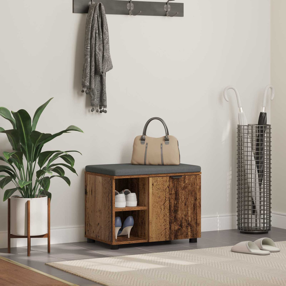 Flurbank mit Kissen mit Regal mit Tür Altholz 60 x 38 x 46 cm