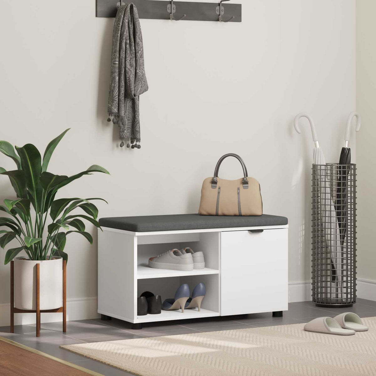 Flurbank mit Kissen mit Regal mit Speicher Weiß 80 x 38 x 46 cm