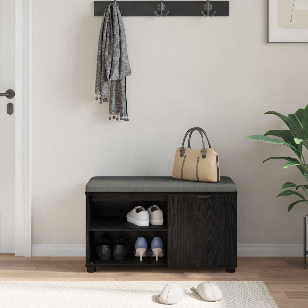 Flurbank mit Kissen mit Regal Schwarze Eiche 80 x 38 x 46 cm