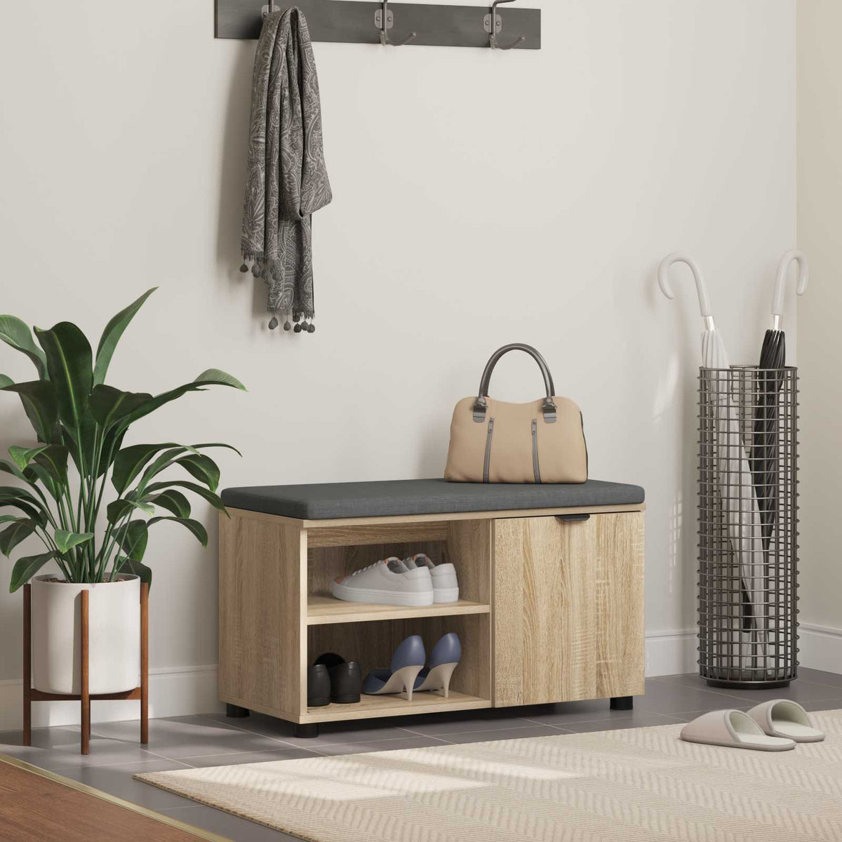 Flurbank mit Kissen mit Regal Sonoma-Eiche 80 x 38 x 46 cm