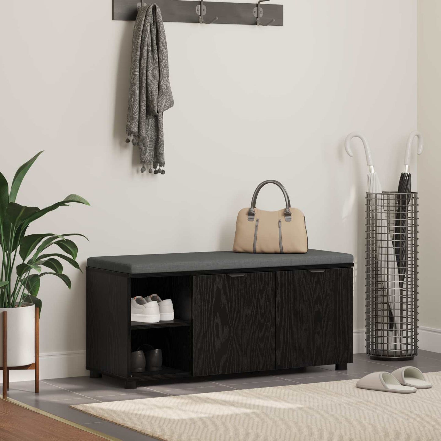 Flurbank mit Kissen mit Regal Schwarze Eiche 100 x 38 x 46 cm