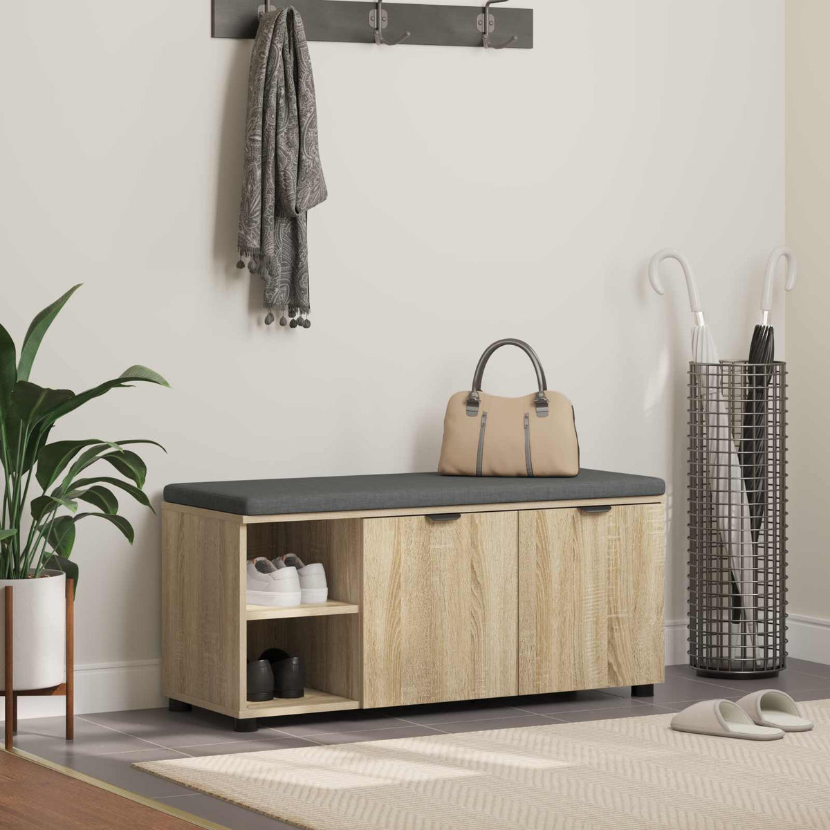 Flurbank mit Kissen mit Regal Sonoma-Eiche 100 x 38 x 46 cm