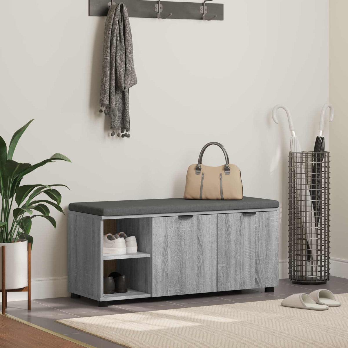 Flurbank mit Kissen mit Regal Graues Sonoma 100 x 38 x 46 cm
