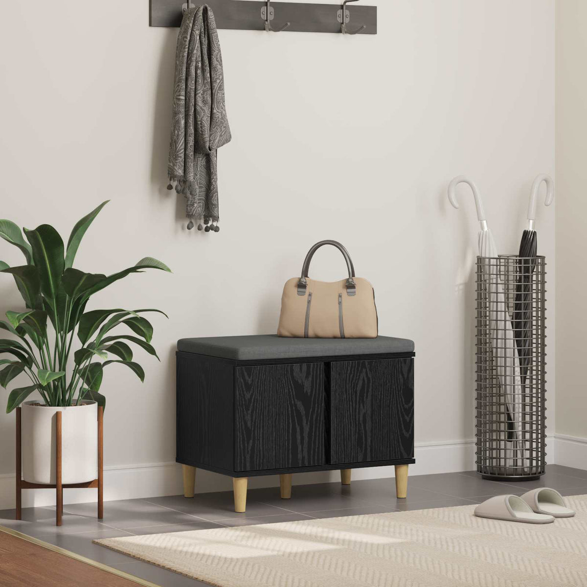 Flurbank mit Kissen mit Speicher Schwarze Eiche 60 x 38 x 46 cm