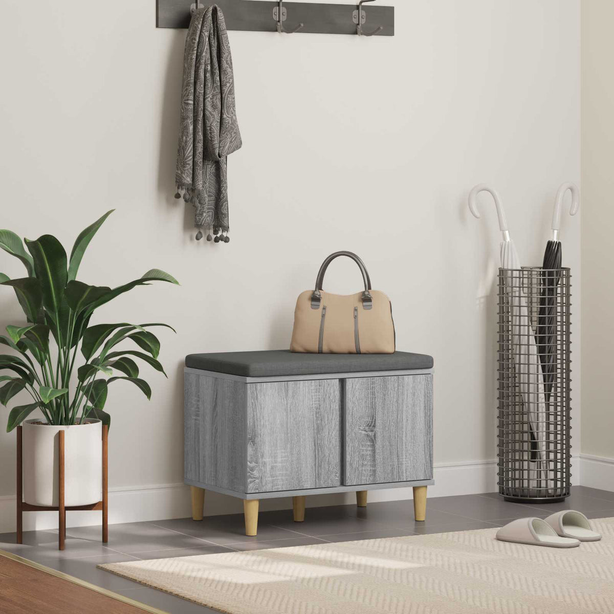 Flurbank mit Kissen mit Speicher Graues Sonoma 60 x 38 x 46 cm