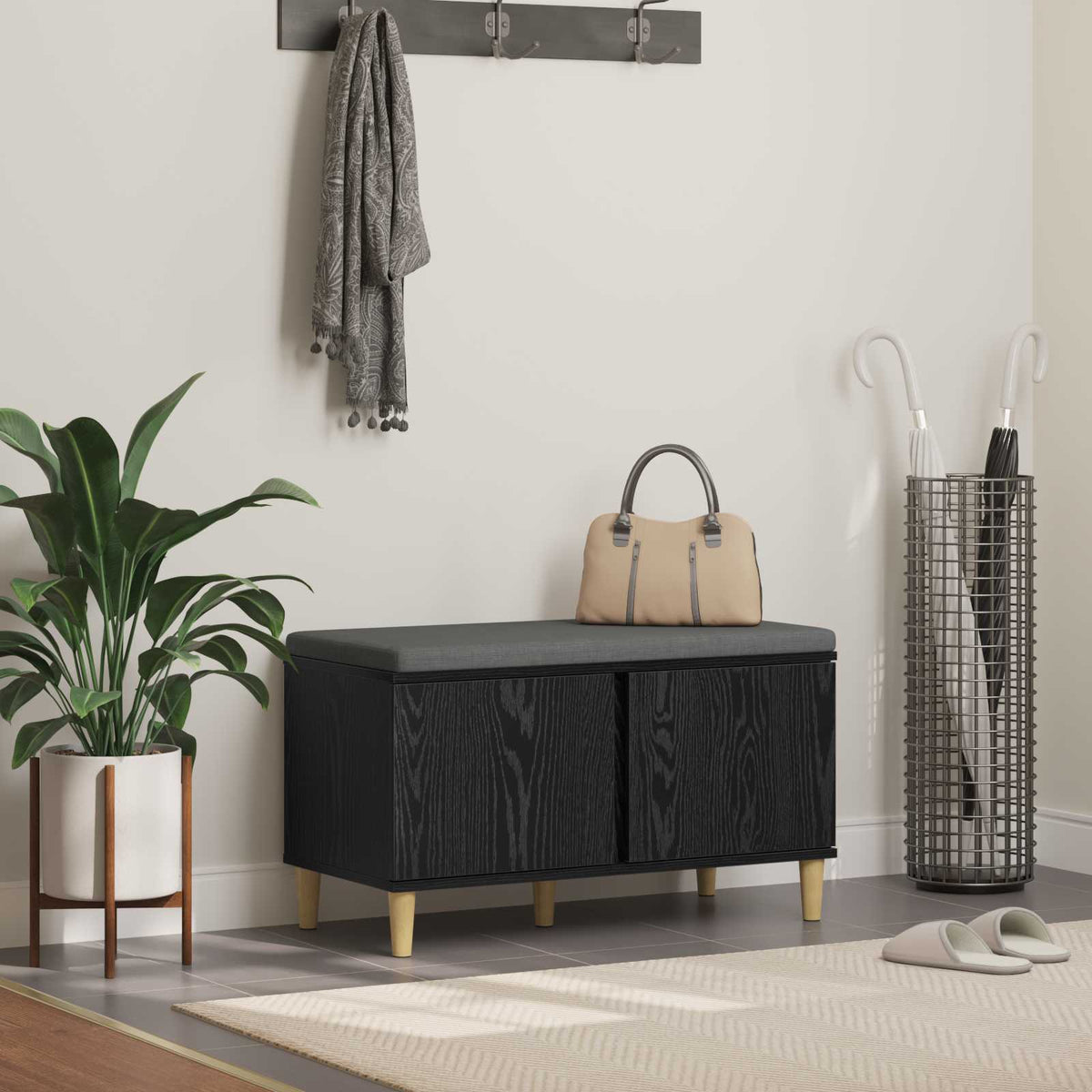 Flurbank mit Kissen mit Speicher Schwarze Eiche 80 x 38 x 46 cm