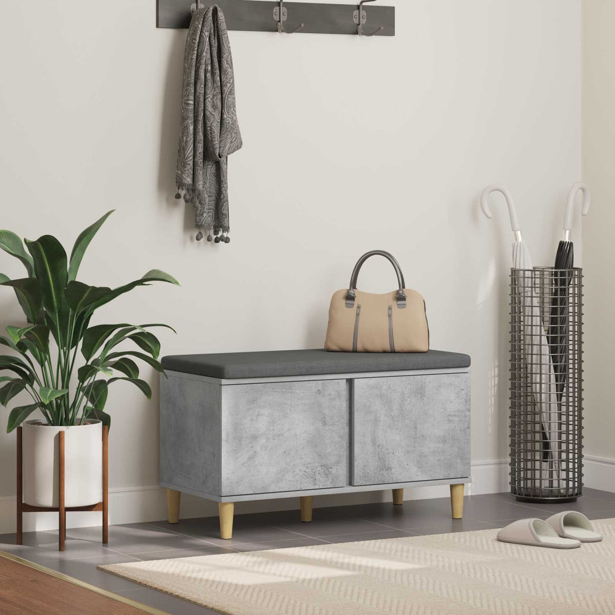 Flurbank mit Kissen mit Speicher Betongrau 80 x 38 x 46 cm