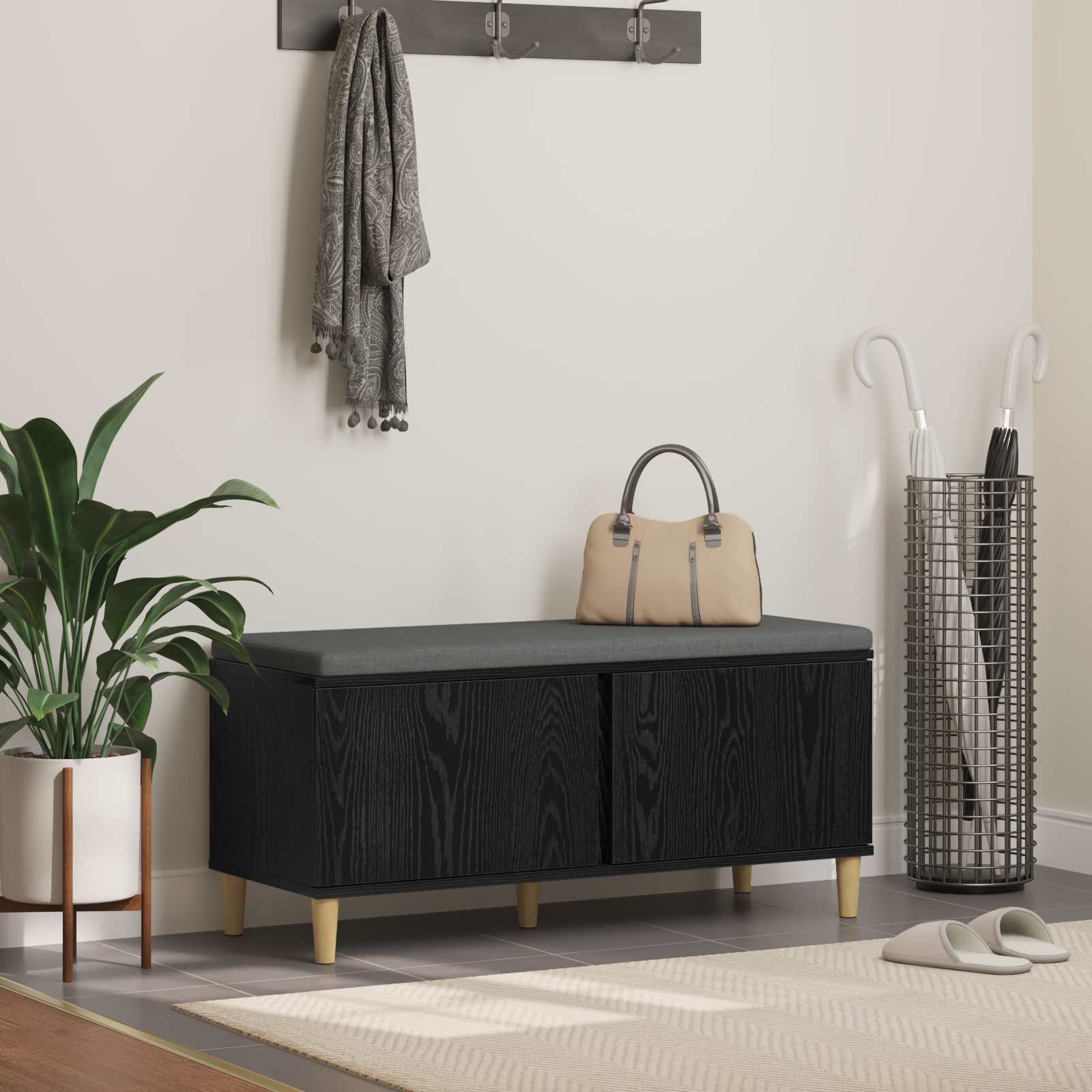 Flurbank mit Kissen mit Tür Schwarze Eiche 100 x 38 x 46 cm