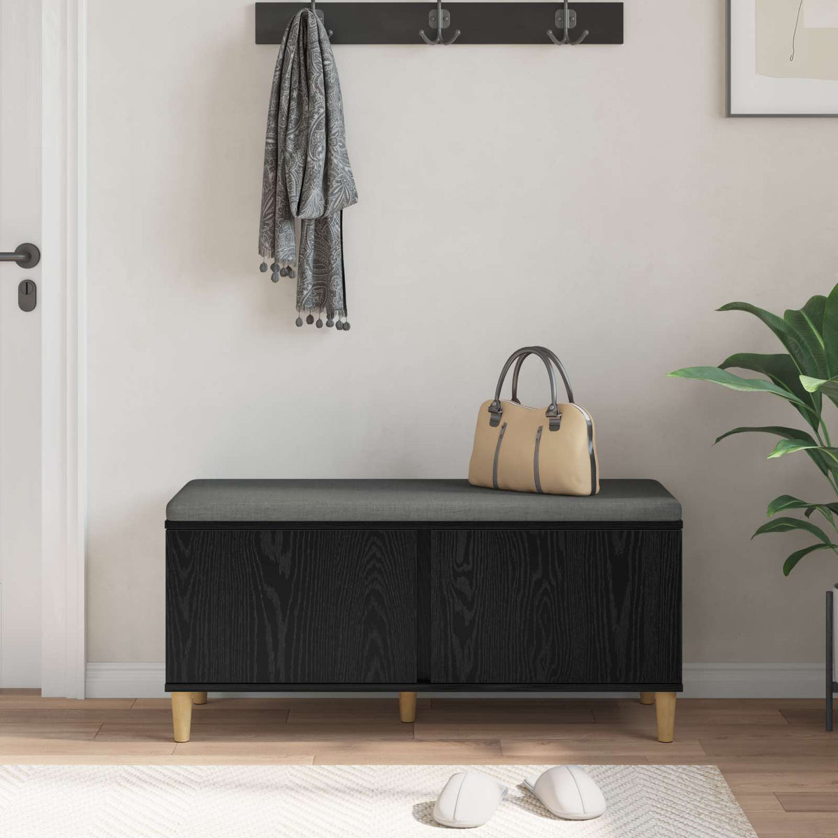 Flurbank mit Kissen mit Tür Schwarze Eiche 100 x 38 x 46 cm
