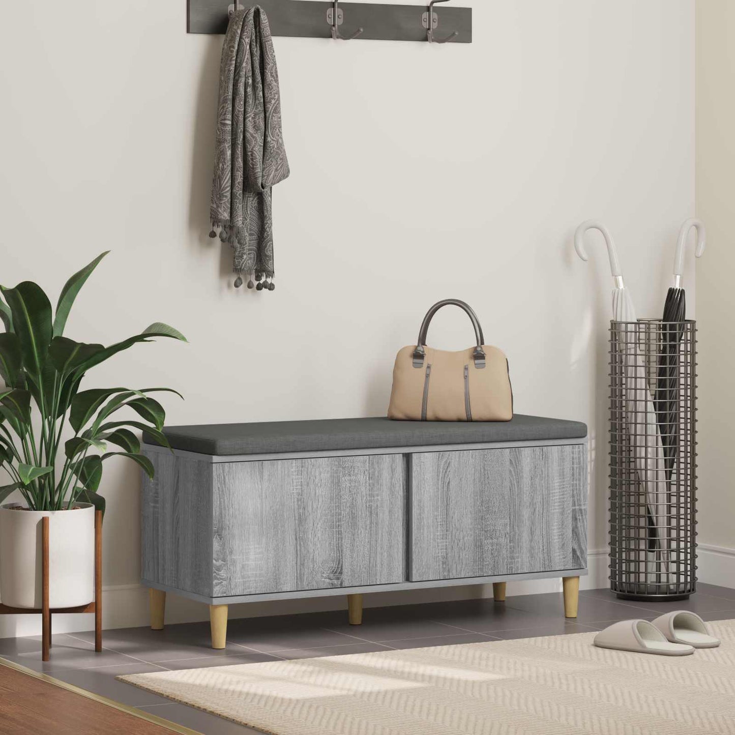 Flurbank mit Kissen mit Speicher Graues Sonoma 100 x 38 x 46 cm
