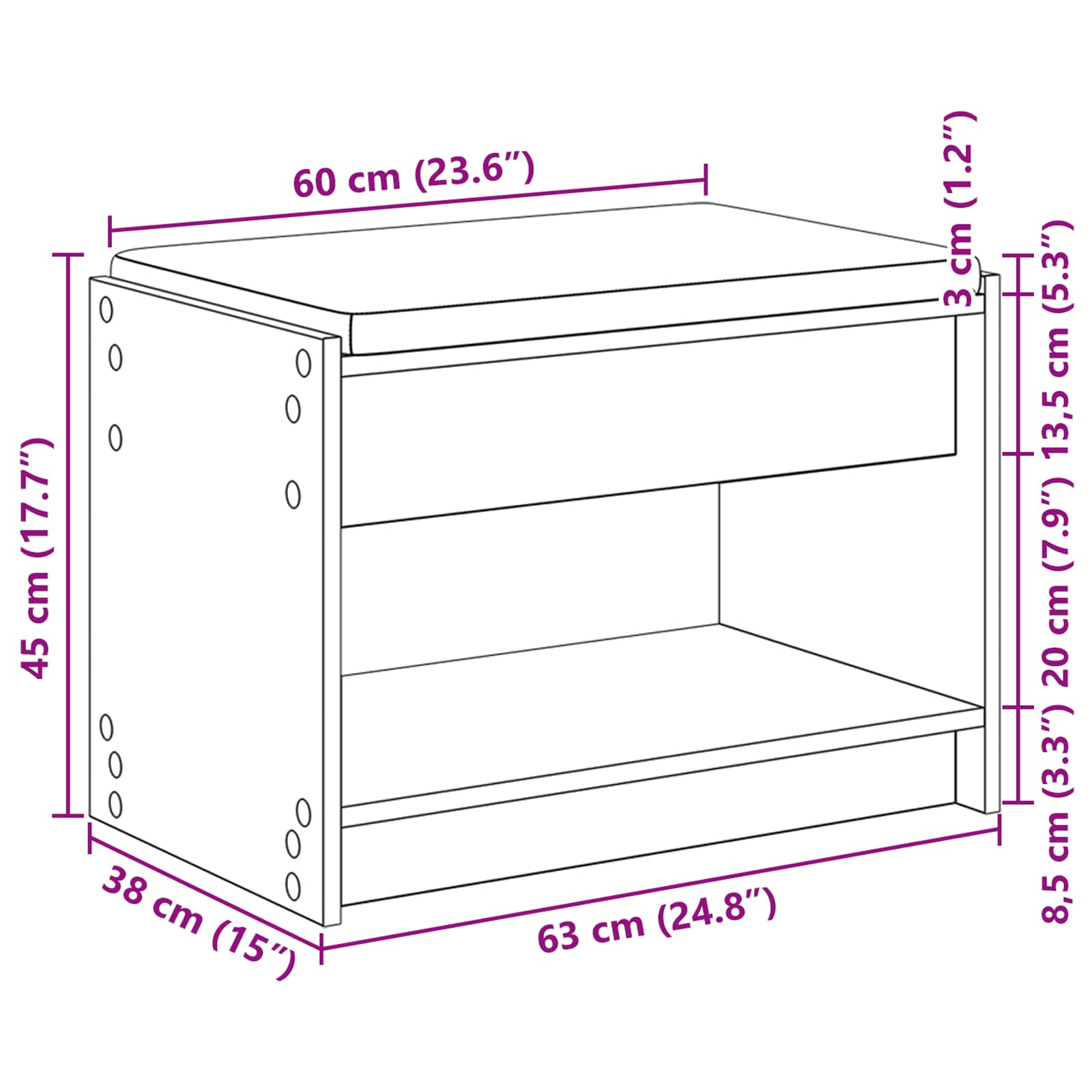 Flurbank Schwarz Eichen-Optik 63 x 38 x 45 cm