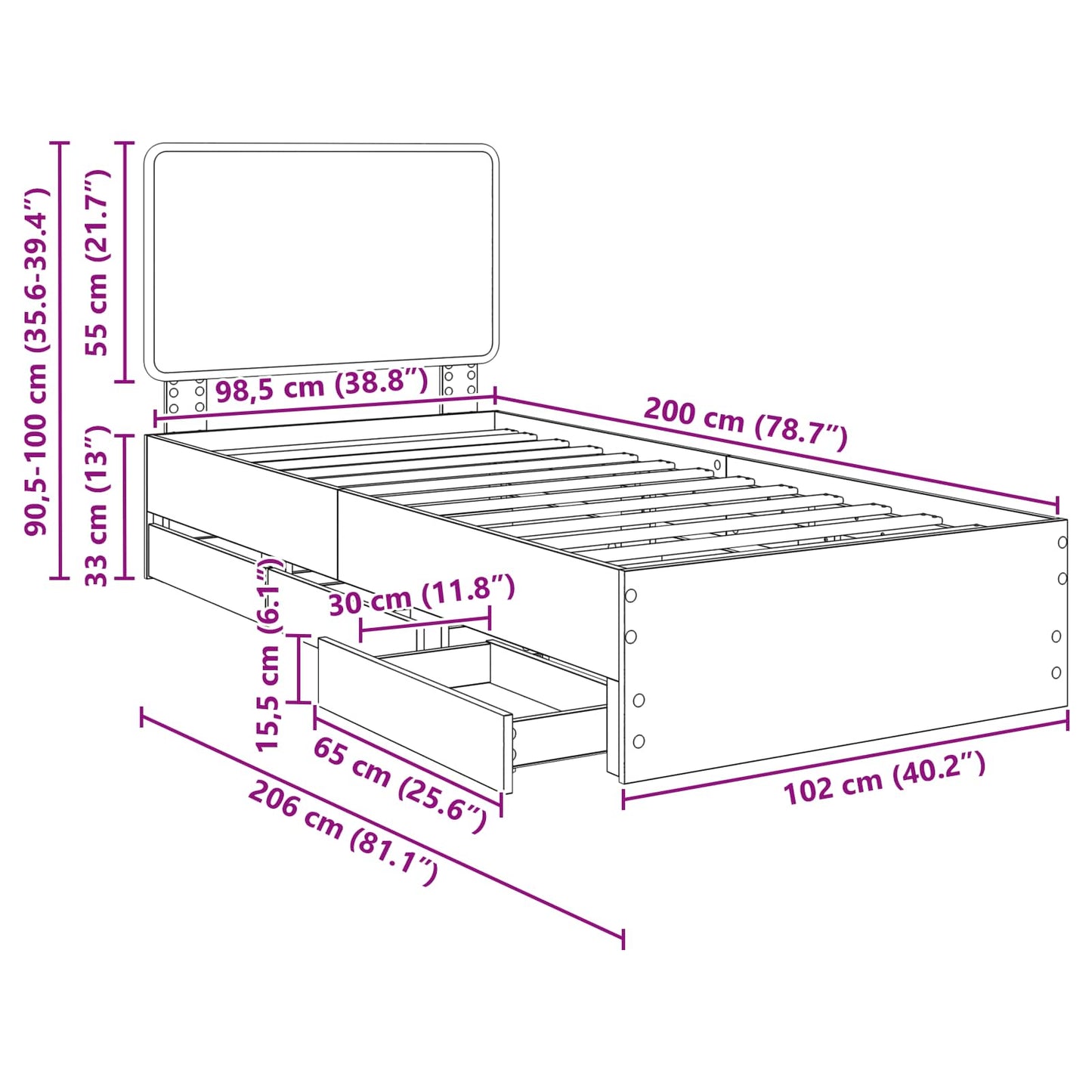 Bettrahmen Sonoma-Eiche 100 x 200 cm Ingenieurs Holz