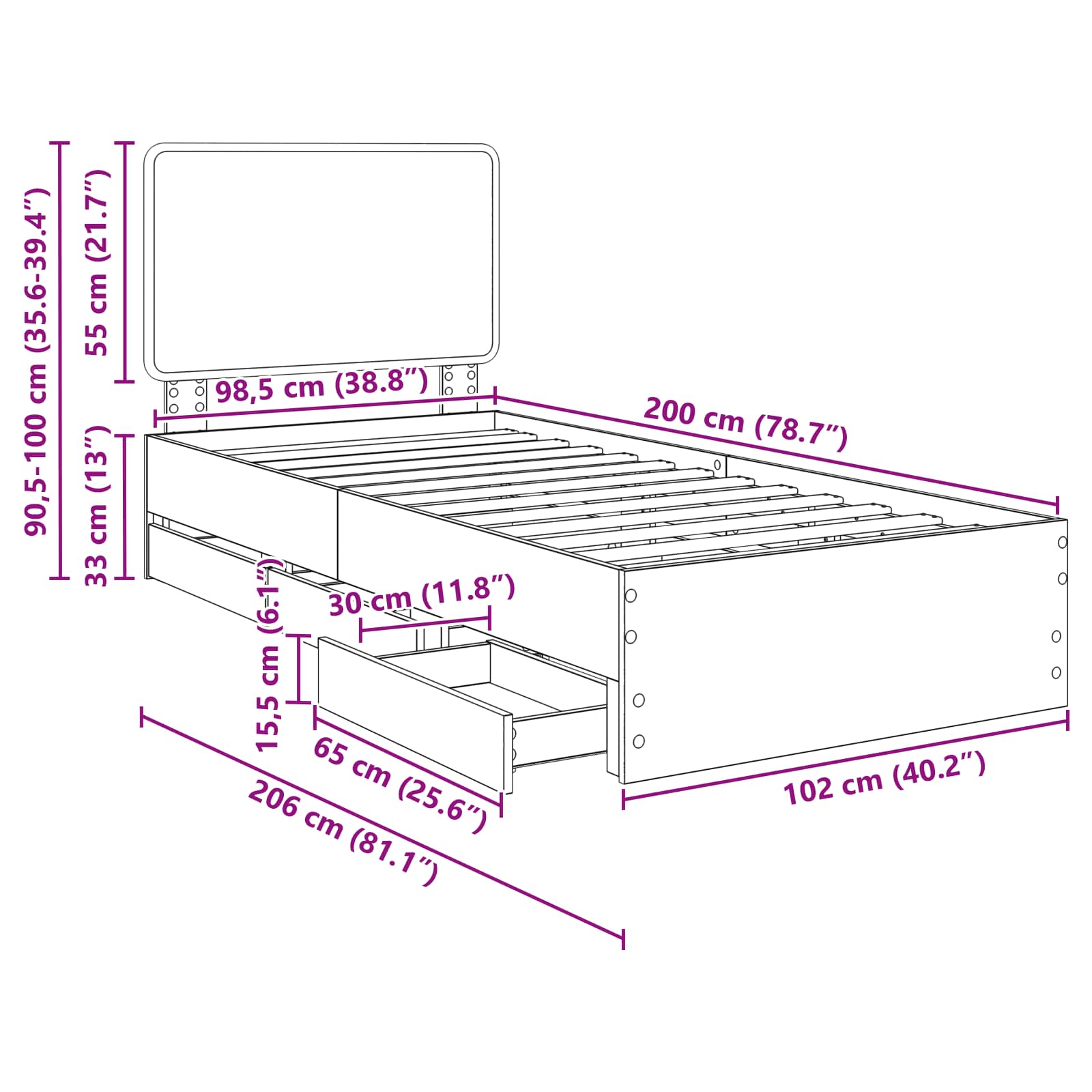 Bettrahmen Sonoma-Eiche 100 x 200 cm Ingenieurs Holz