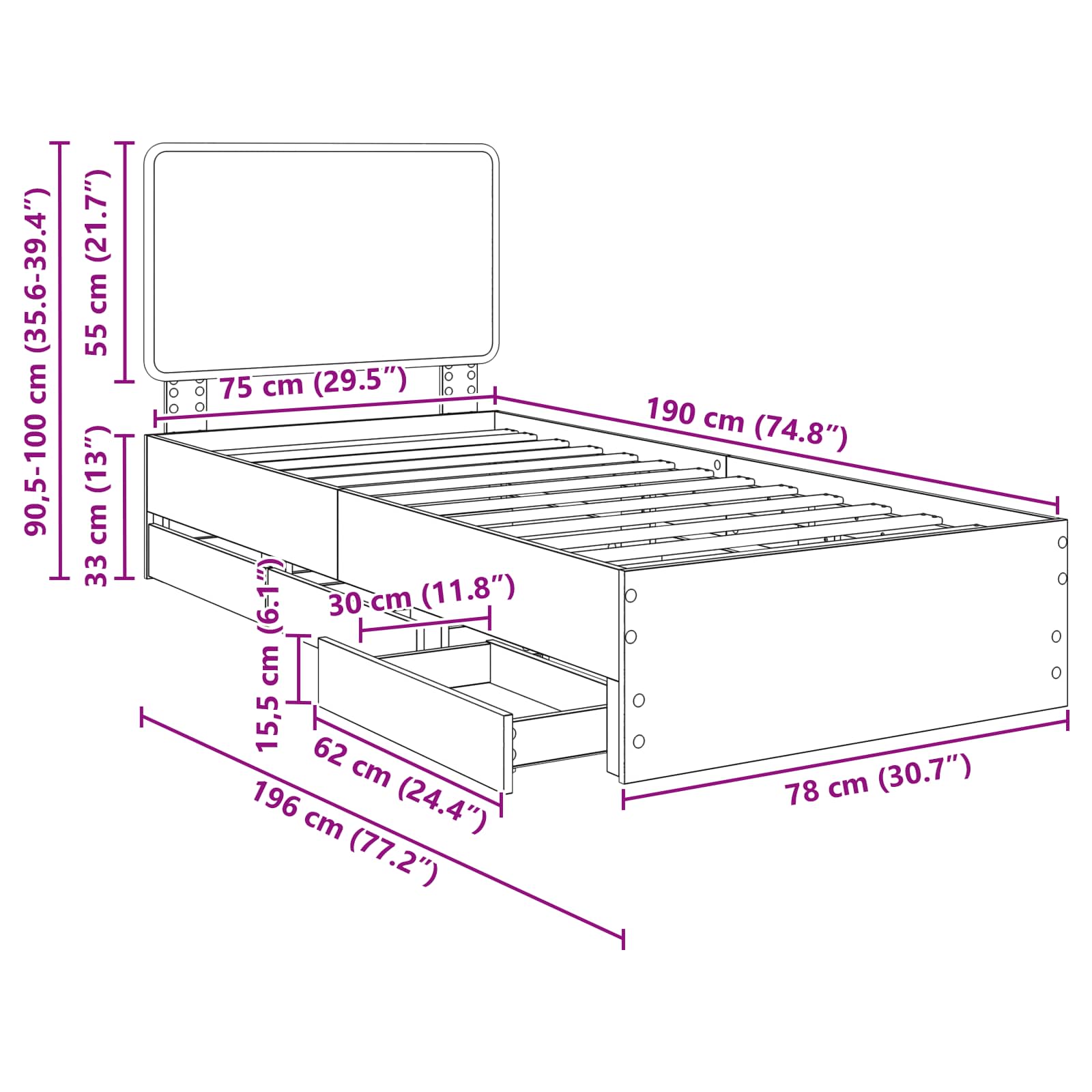 Bettrahmen Sonoma-Eiche 75 x 190 cm Ingenieurs Holz