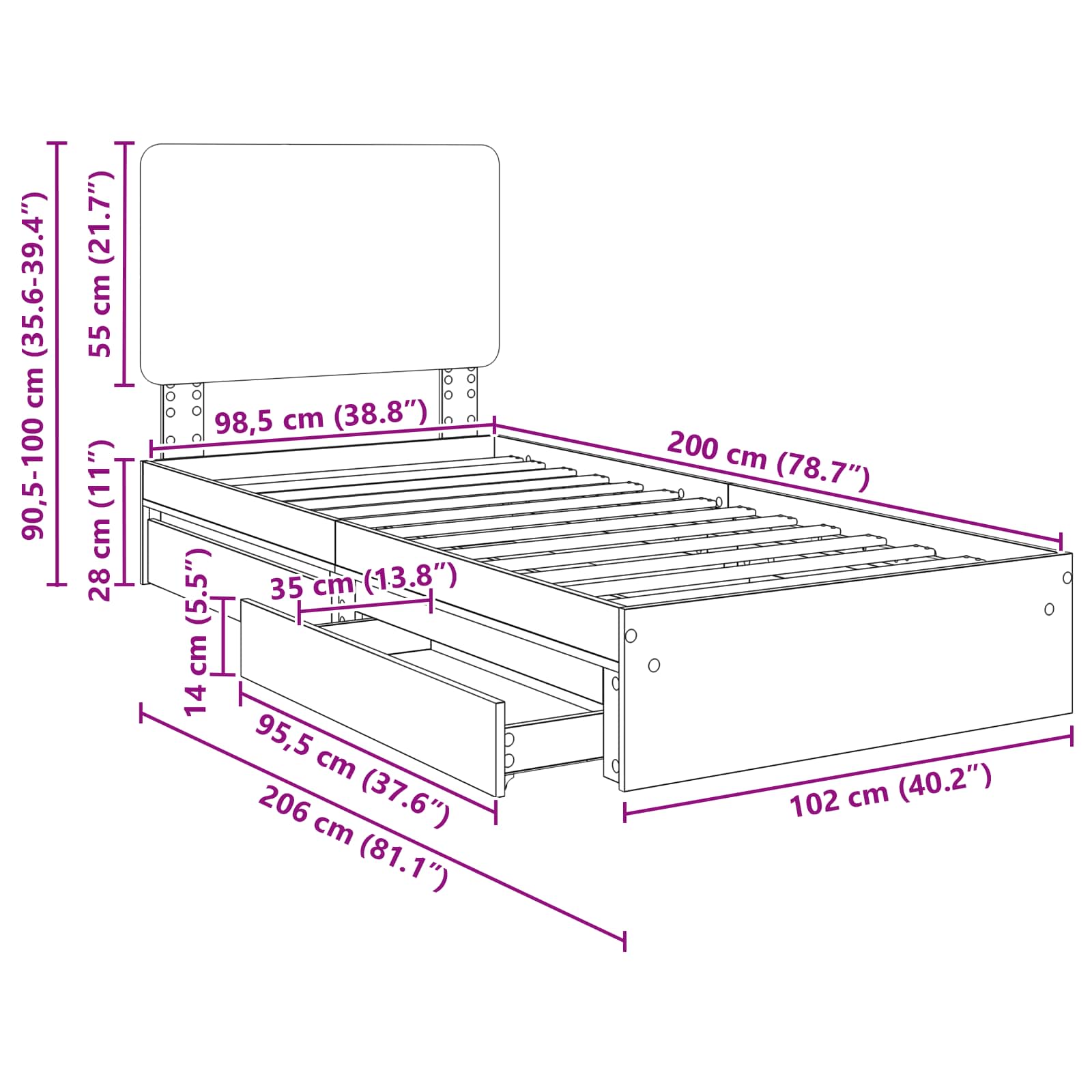 Aufbewahrungsbett Sonoma-Eiche 100 x 200 cm Holzwerkstoff