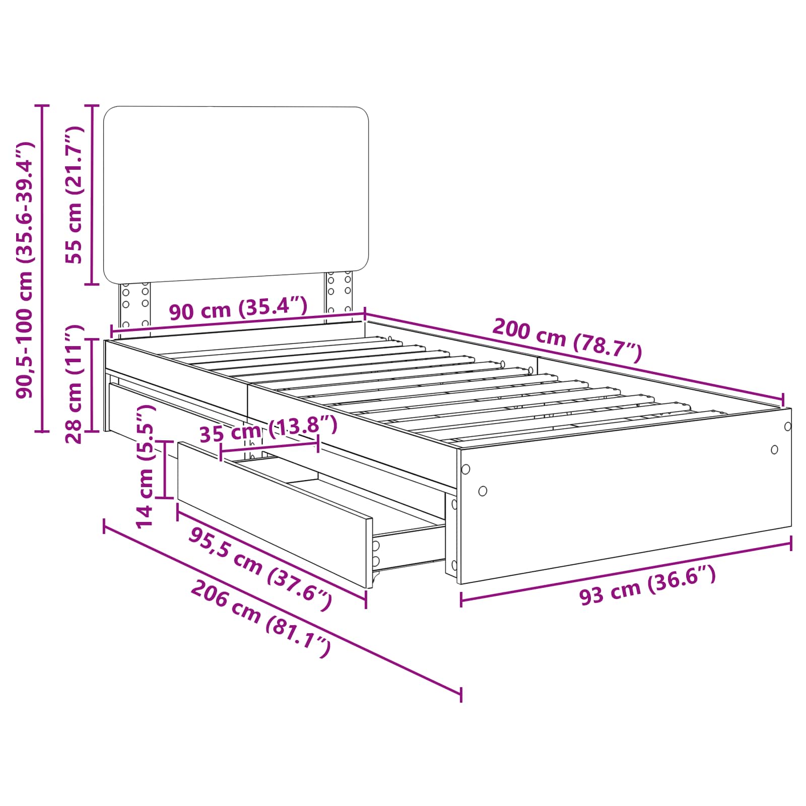 Aufbewahrungsbett Sonoma-Eiche 90 x 200 cm Holzwerkstoff