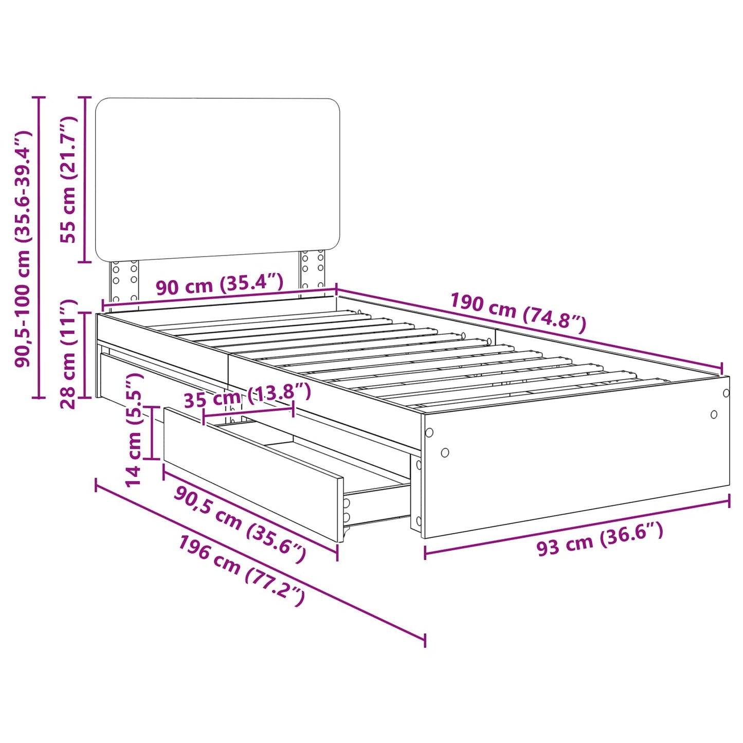 Aufbewahrungsbett Sonoma-Eiche 90 x 190 cm Holzwerkstoff