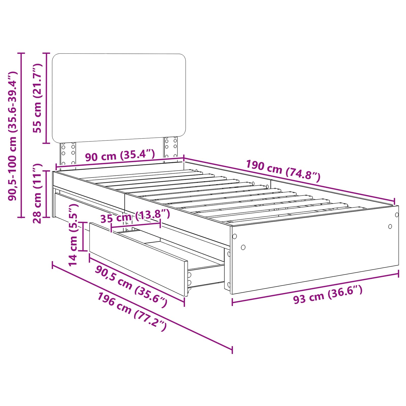 Aufbewahrungsbett Sonoma-Eiche 90 x 190 cm Holzwerkstoff