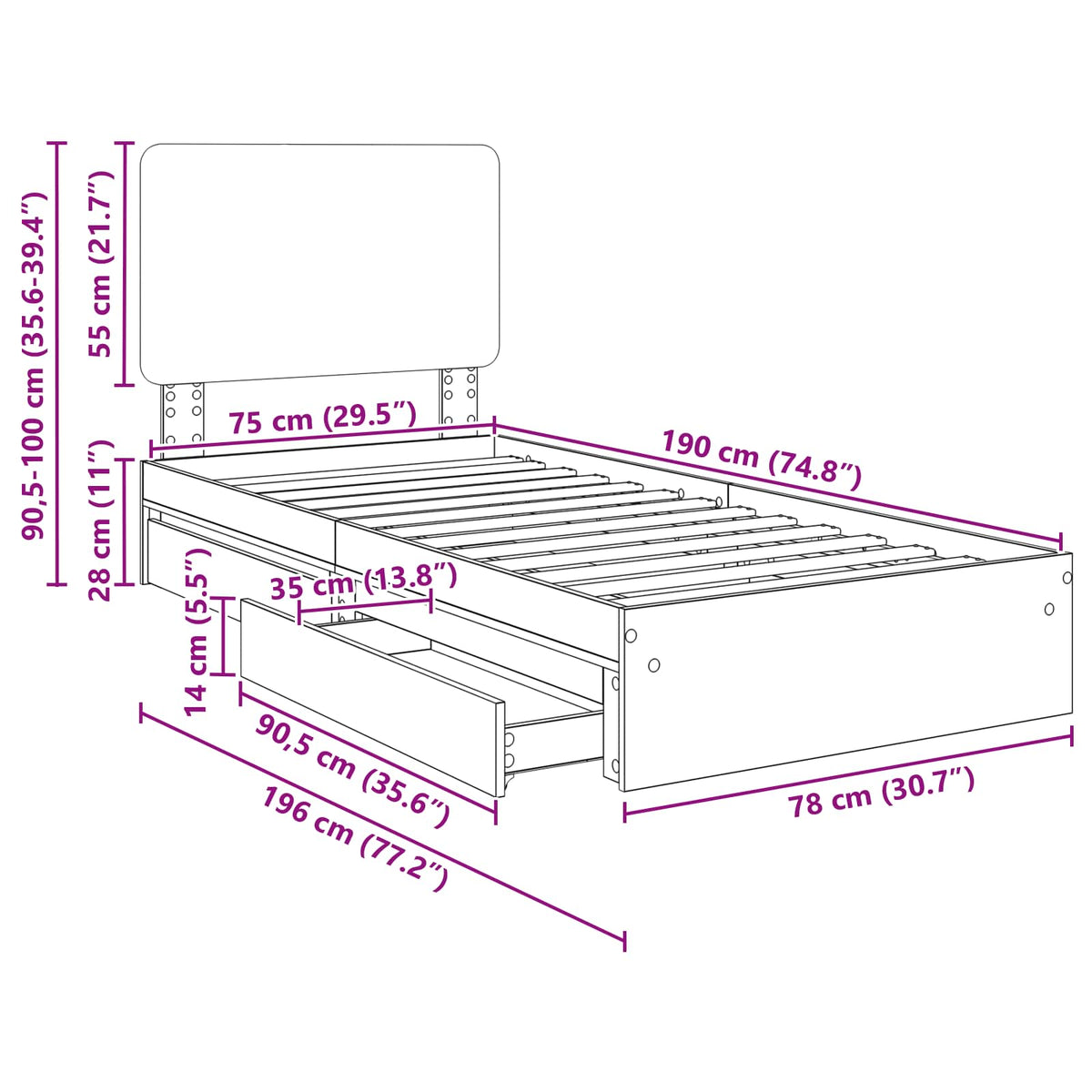 Aufbewahrungsbett Sonoma-Eiche 75 x 190 cm Holzwerkstoff