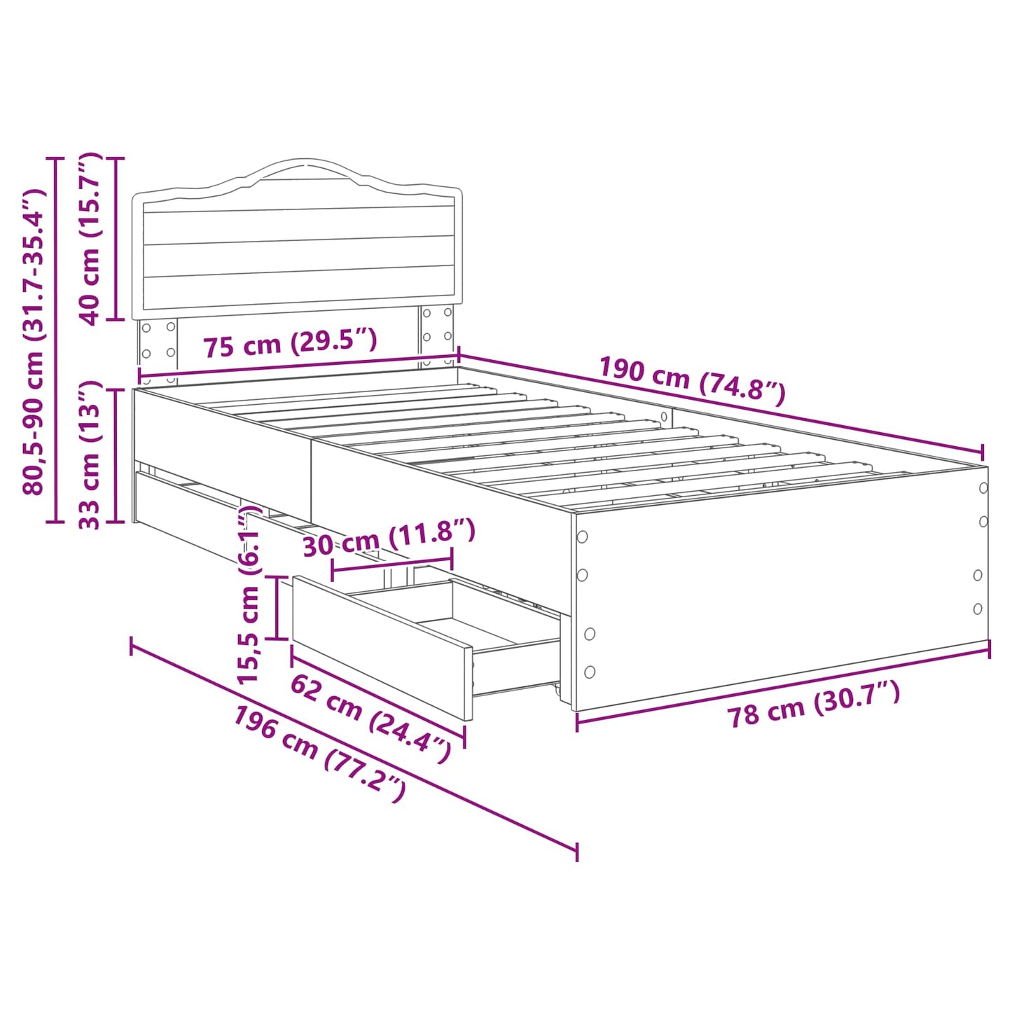 Bettrahmen Sonoma-Eiche 75 x 190 cm Ingenieurs Holz