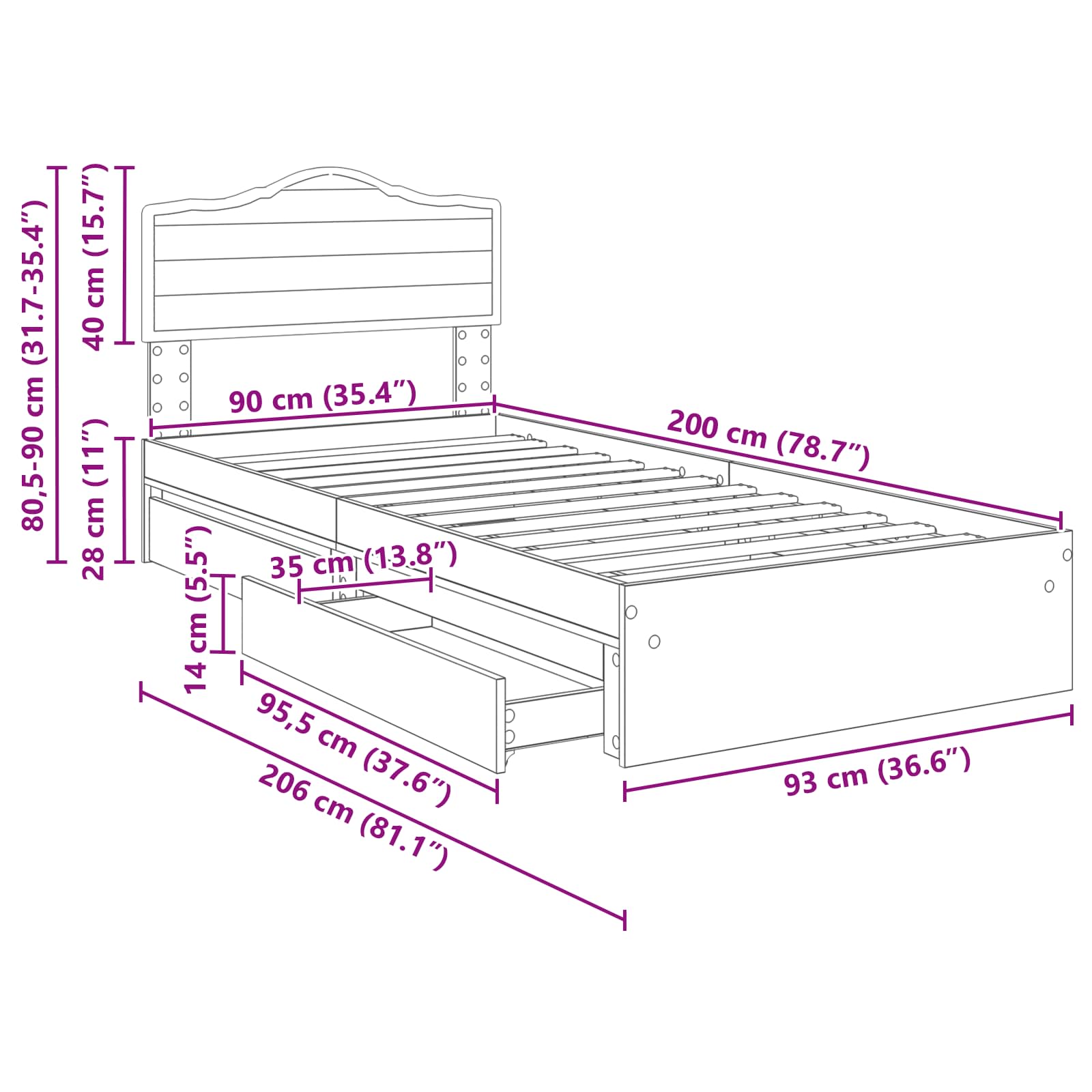 Aufbewahrungsbett Sonoma-Eiche 90 x 200 cm Holzwerkstoff