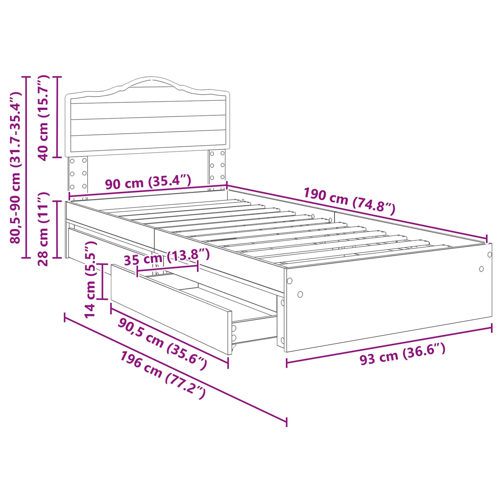 Aufbewahrungsbett Verstellbar Schwarz 90 x 190 cm Holzwerkstoff