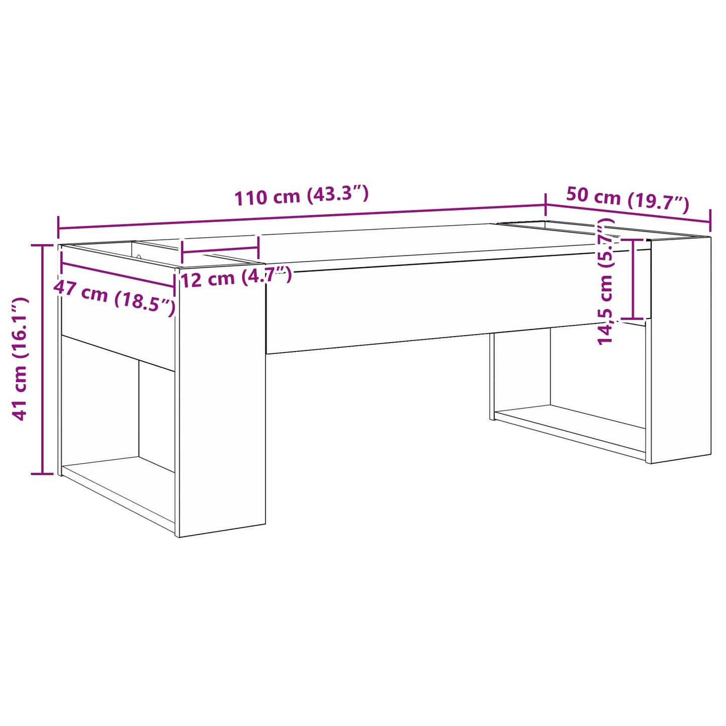 Couchtisch Betongrau 110 x 50 x 41 cm Holzwerkstoff