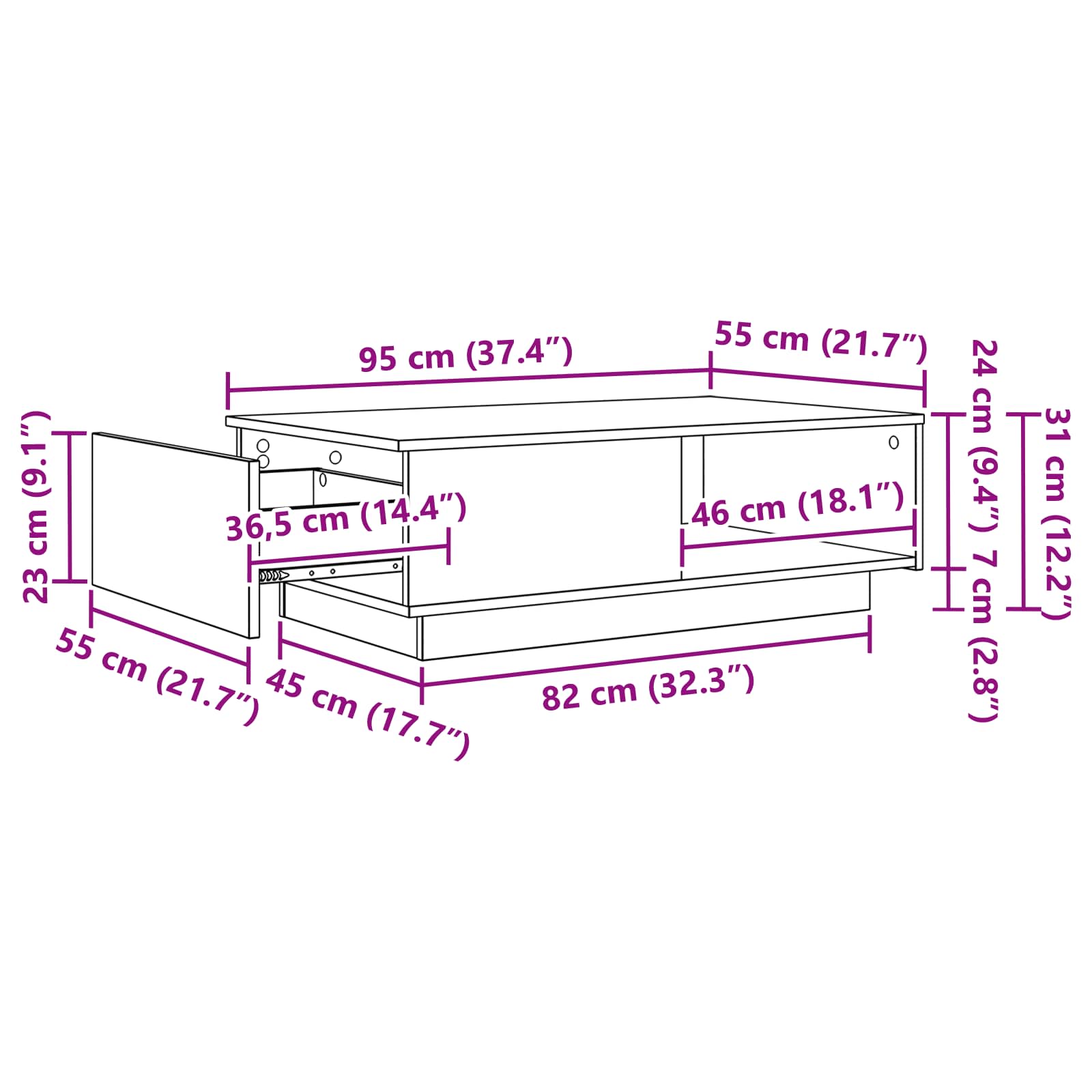 Couchtisch Schwarz Eichen-Optik 95 x 55 x 31 cm Holzwerkstoff