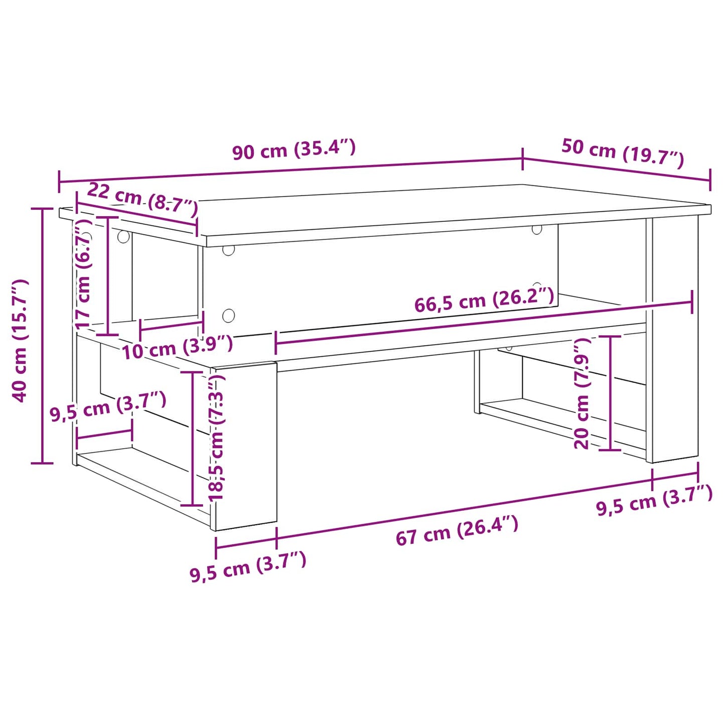 Couchtisch Schwarz Eichen-Optik 90 x 50 x 40 cm Holzwerkstoff