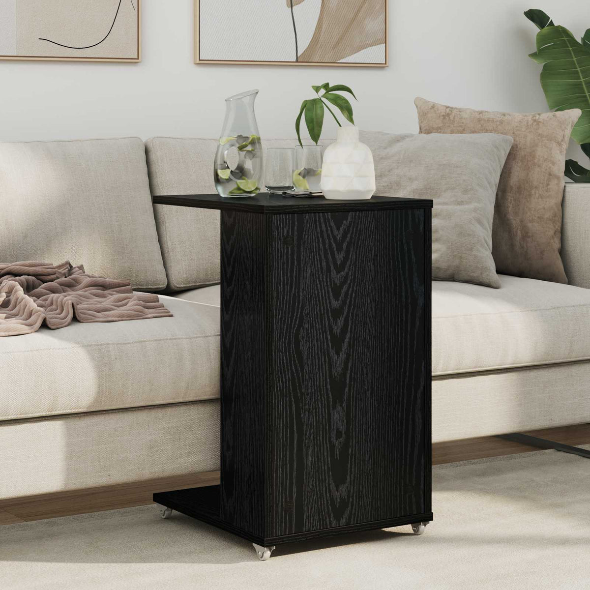 Beistelltisch Mit Rad Schwarz Eichen-Optik 40 x 35 x 60 cm