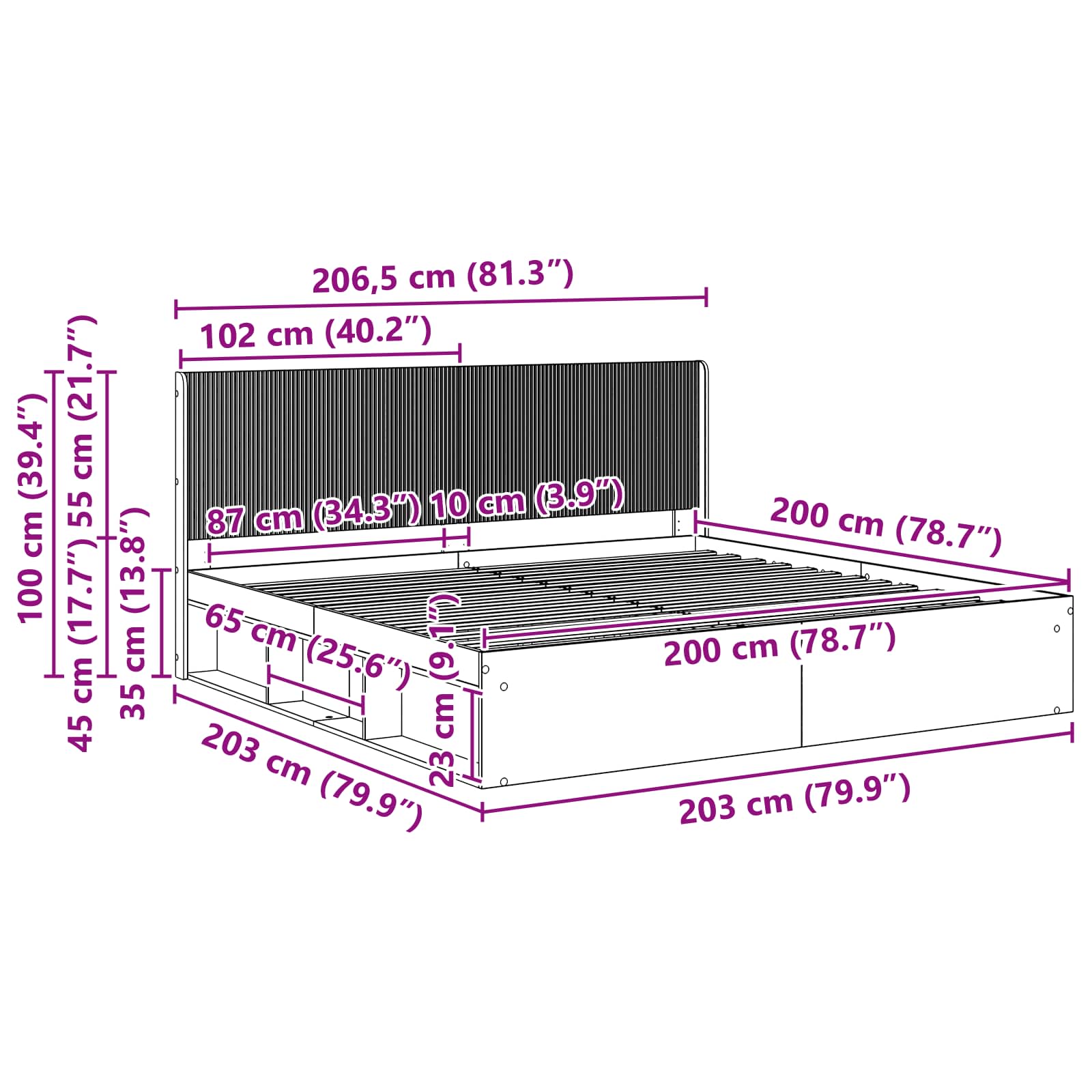 Bettgestell mit Stauraum und Kopfteil Weiß 200 x 200 cm