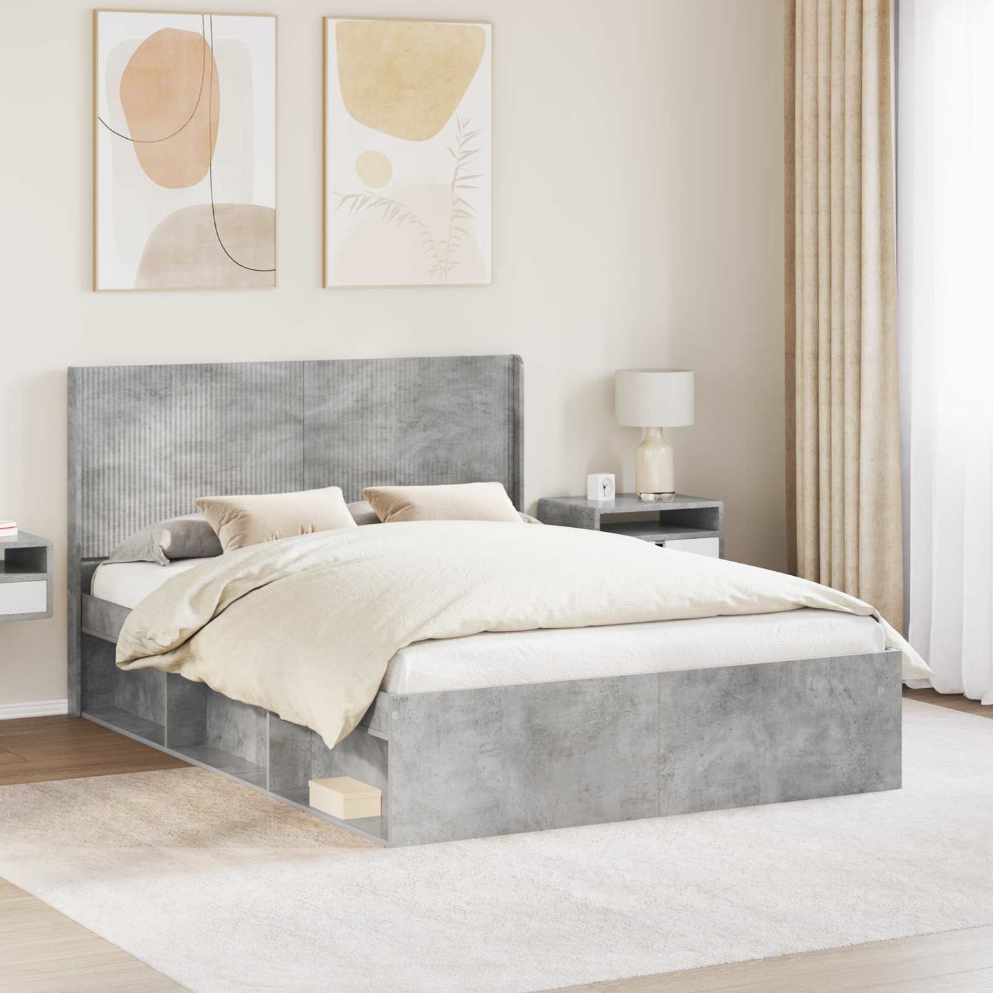 Bettgestell mit Stauraum und Kopfteil Betongrau 120 x 190 cm