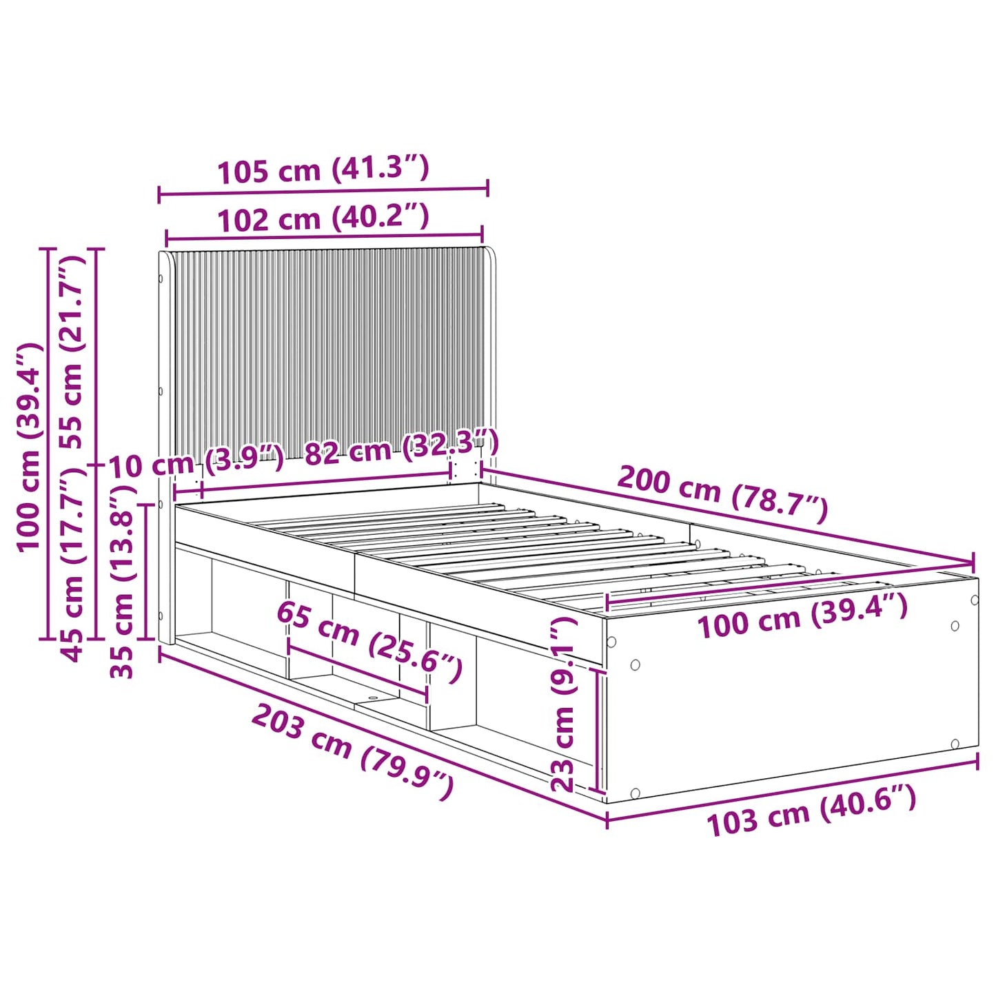 Bettgestell mit Stauraum und Kopfteil Weiß 100 x 200 cm