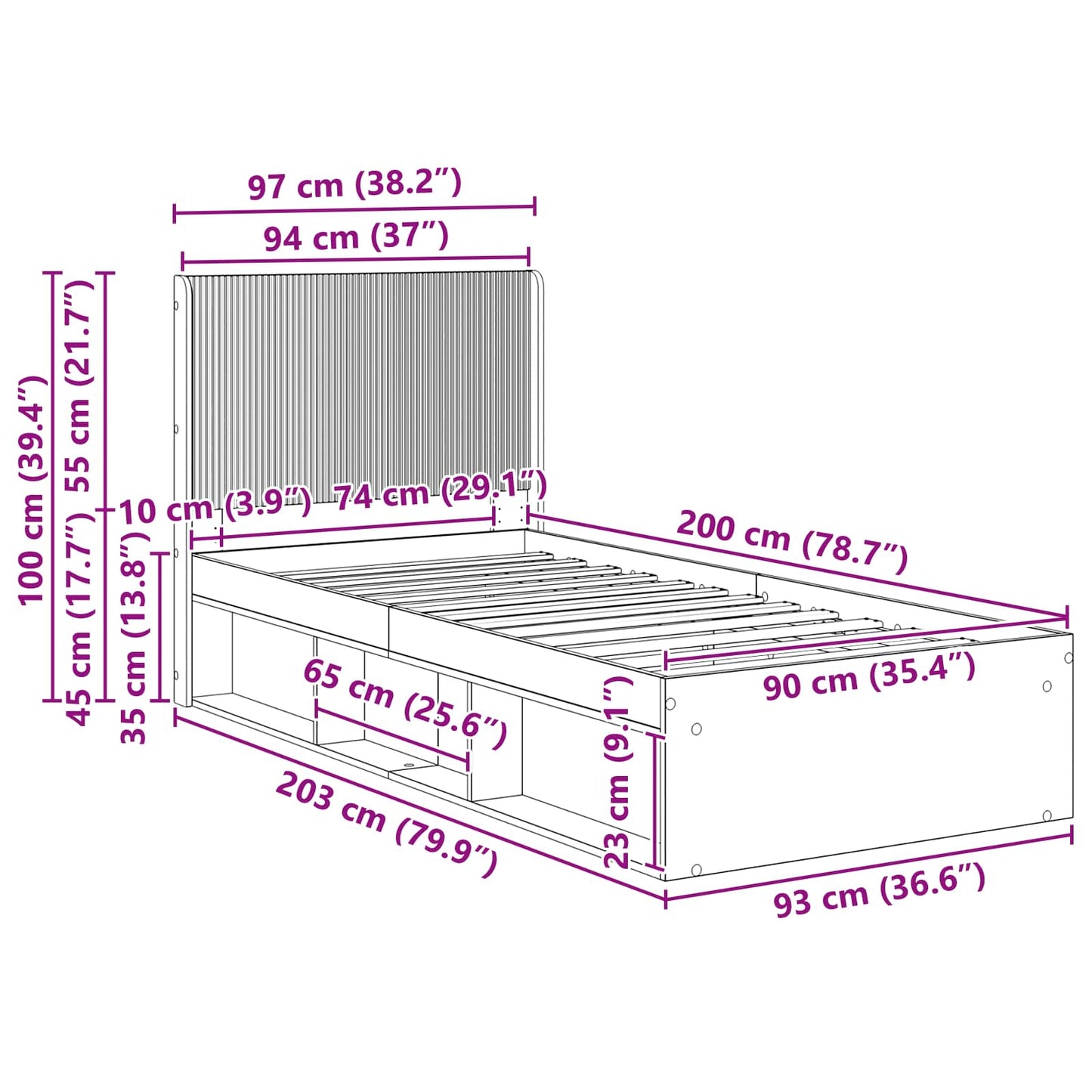 Bettgestell mit Stauraum und Kopfteil Schwarz 90 x 200 cm
