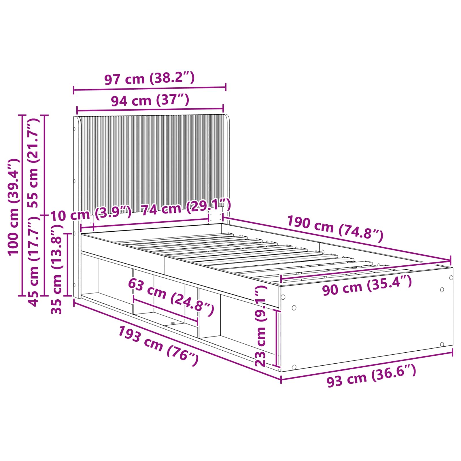 Bettgestell mit Stauraum und Kopfteil Schwarz 90 x 190 cm
