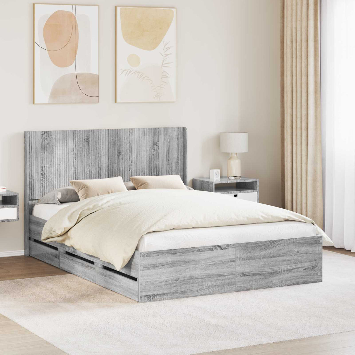 Bettgestell mit Stauraum und Kopfteil Sonoma-Grau 160 x 200 cm