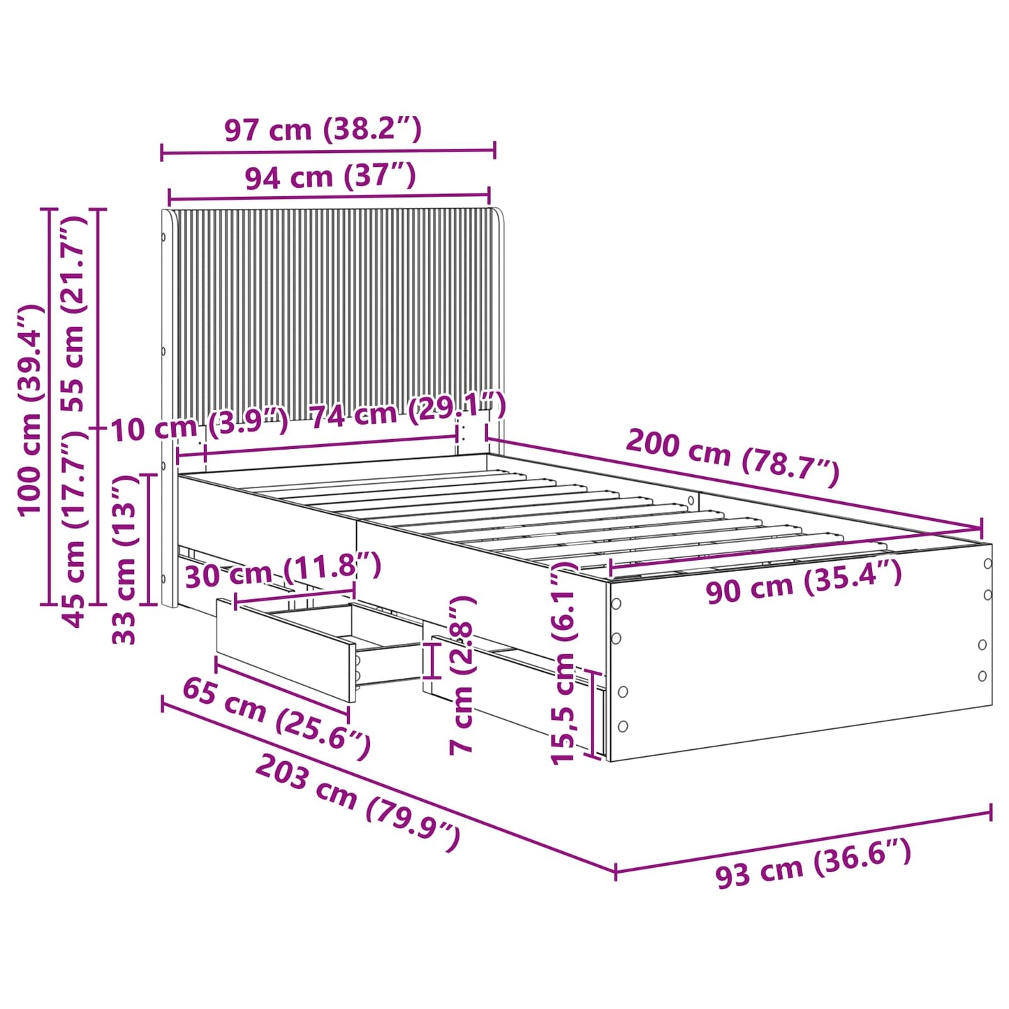 Bettgestell mit Stauraum und Kopfteil Schwarz 90 x 200 cm