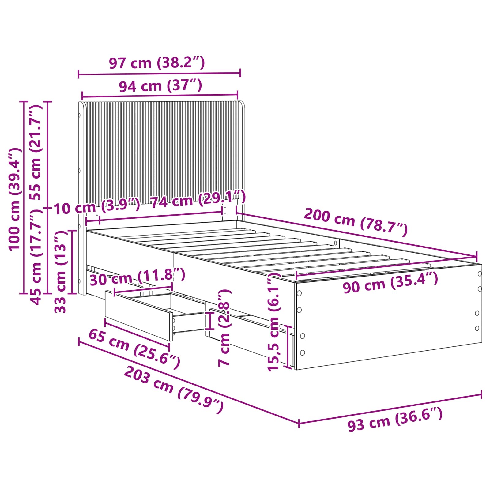 Bettgestell mit Stauraum und Kopfteil Schwarz 90 x 200 cm