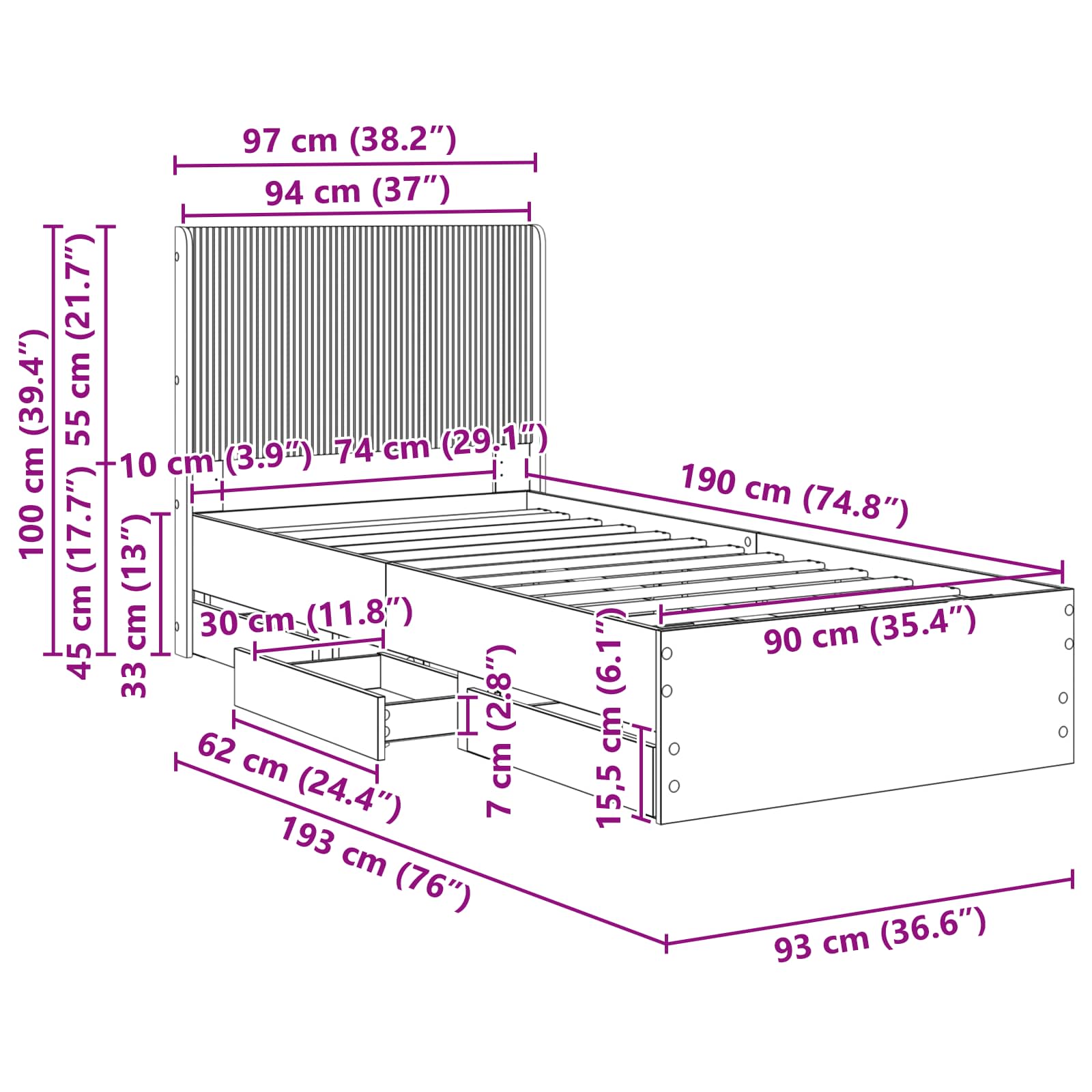 Bettgestell mit Stauraum und Kopfteil Schwarz 90 x 190 cm