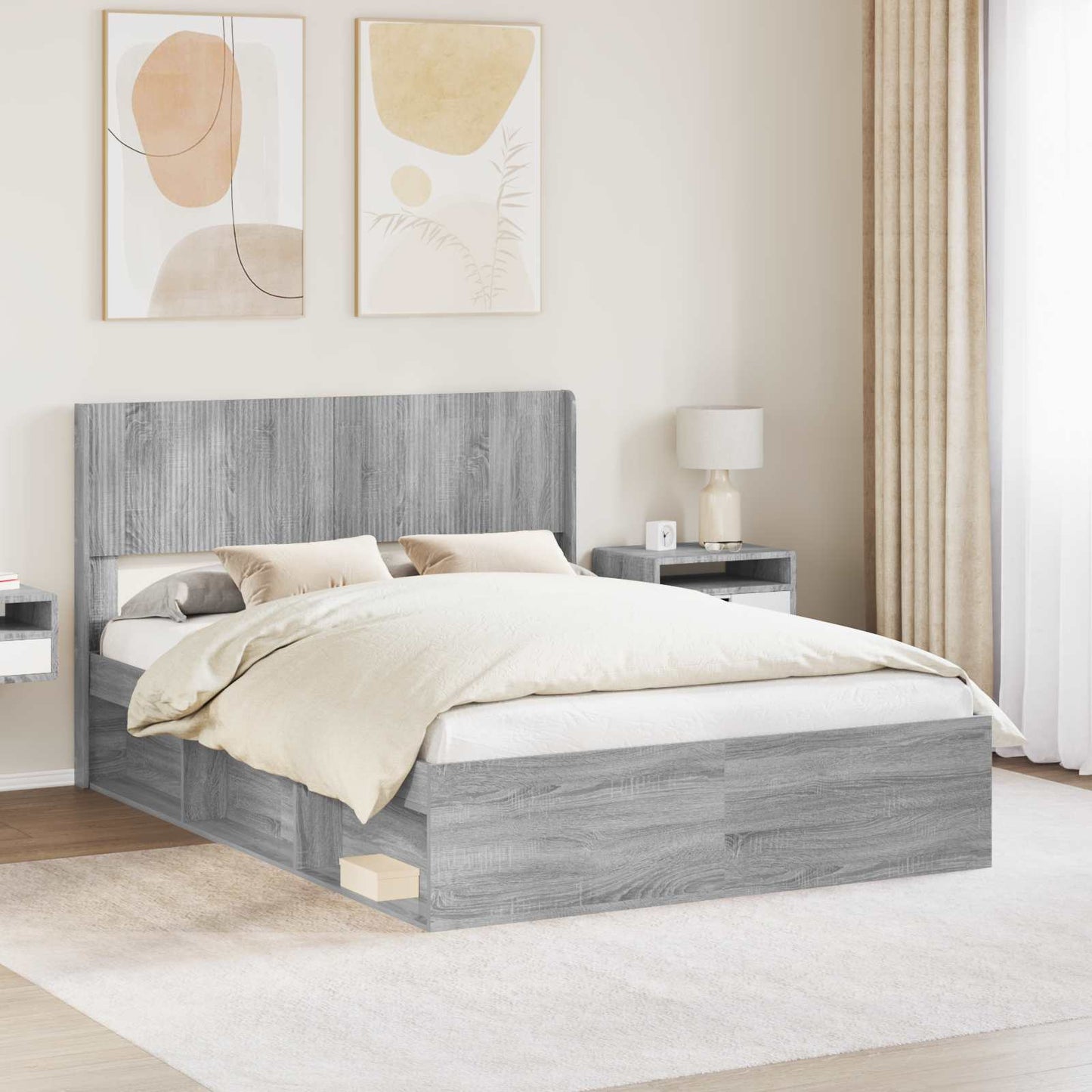 Bettgestell mit Stauraum und Kopfteil Grau Sonoma 140 x 200 cm